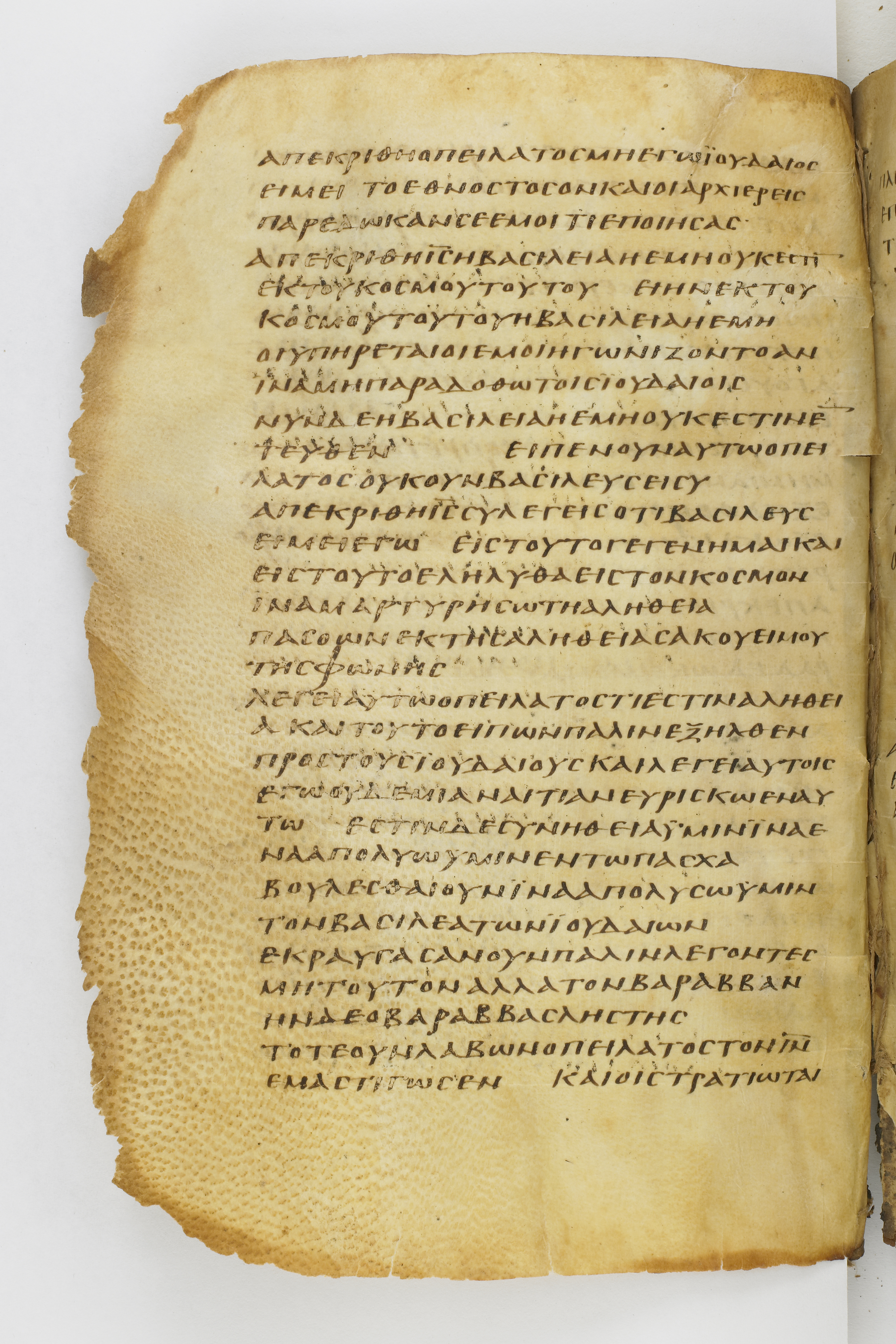 Codex Washingtonianus (Scan 1) showing John 19:2 from Late 4th to 5th Century found in Egypt (possibly near the Pyramids), currently housed at Freer Gallery of Art, Smithsonian Institution, Washington, D.C.