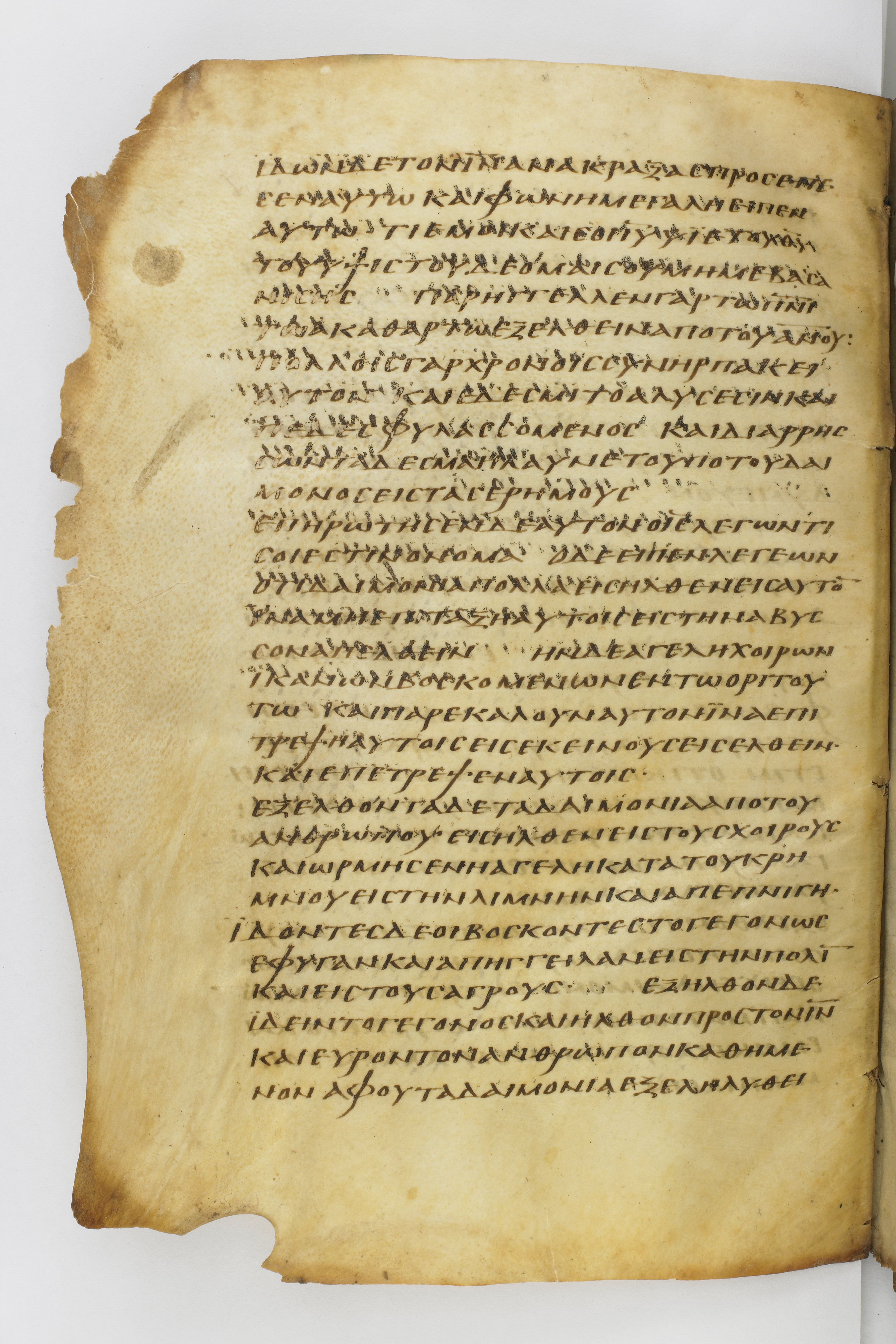 Codex Washingtonianus showing Luke 8:32 from Late 4th to 5th Century found in Egypt (possibly near the Pyramids), currently housed at Freer Gallery of Art, Smithsonian Institution, Washington, D.C.