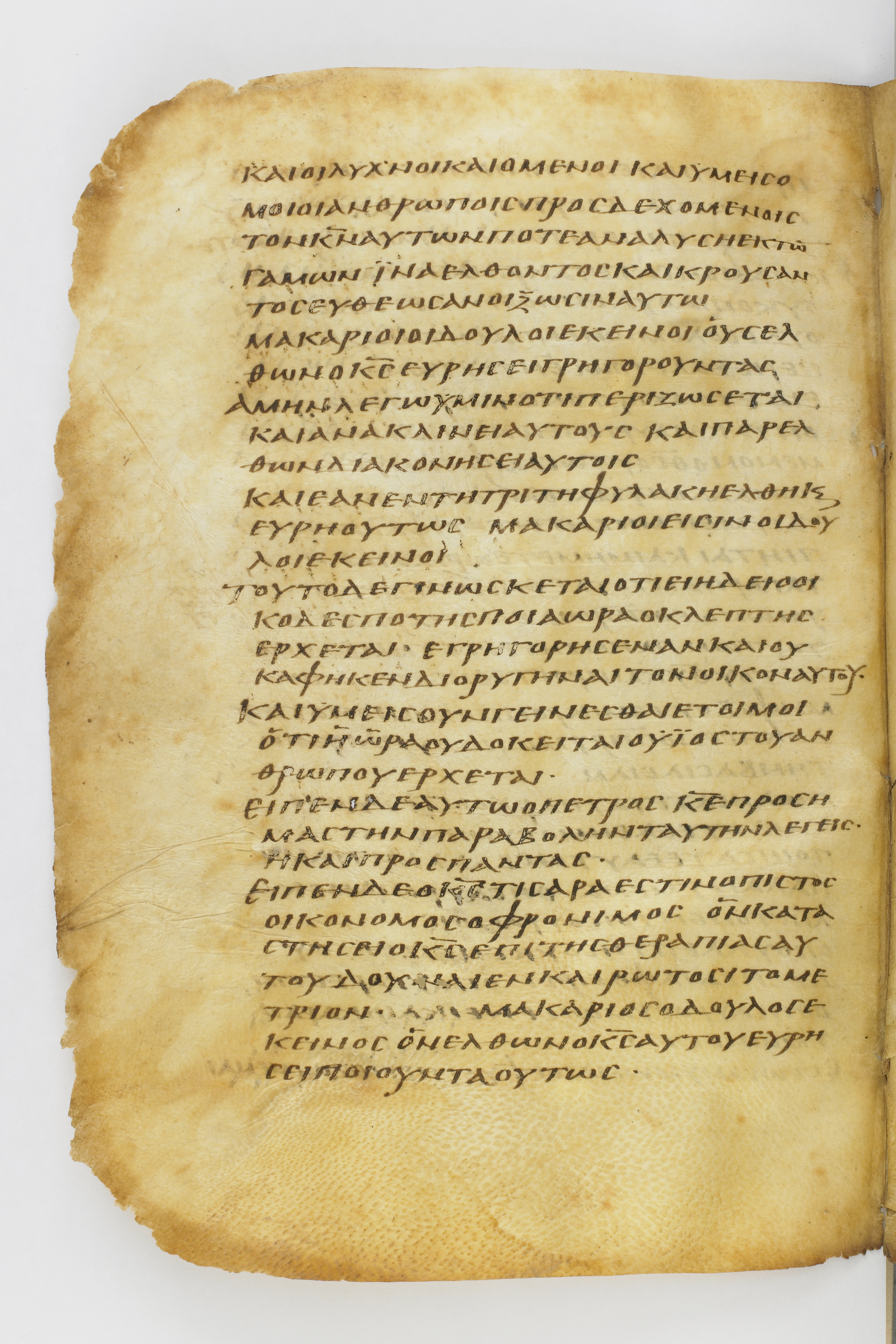 Codex Washingtonianus showing Luke 12:41 from Late 4th to 5th Century found in Egypt (possibly near the Pyramids), currently housed at Freer Gallery of Art, Smithsonian Institution, Washington, D.C.