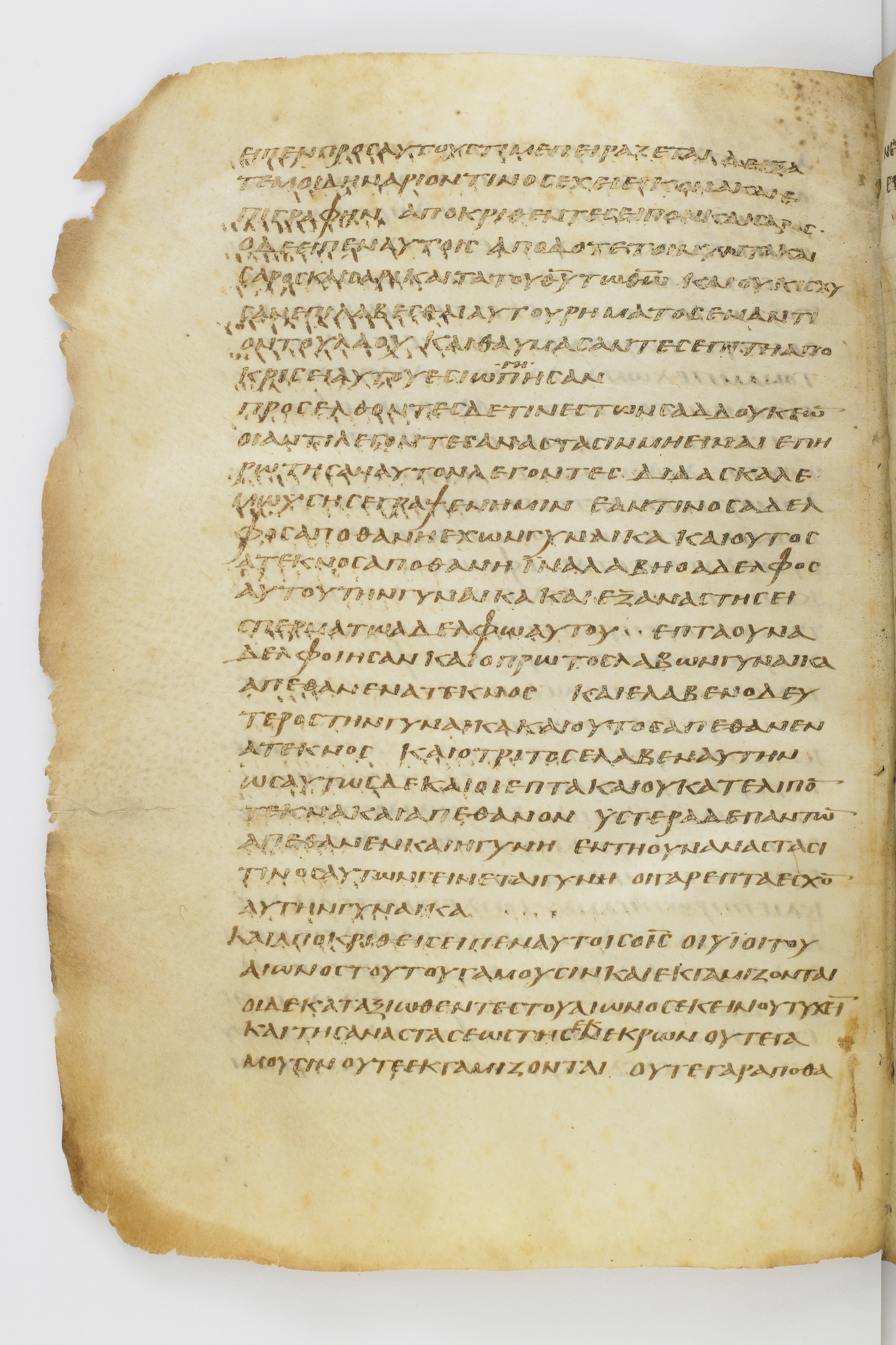 Codex Washingtonianus showing Luke 20:32 from Late 4th to 5th Century found in Egypt (possibly near the Pyramids), currently housed at Freer Gallery of Art, Smithsonian Institution, Washington, D.C.