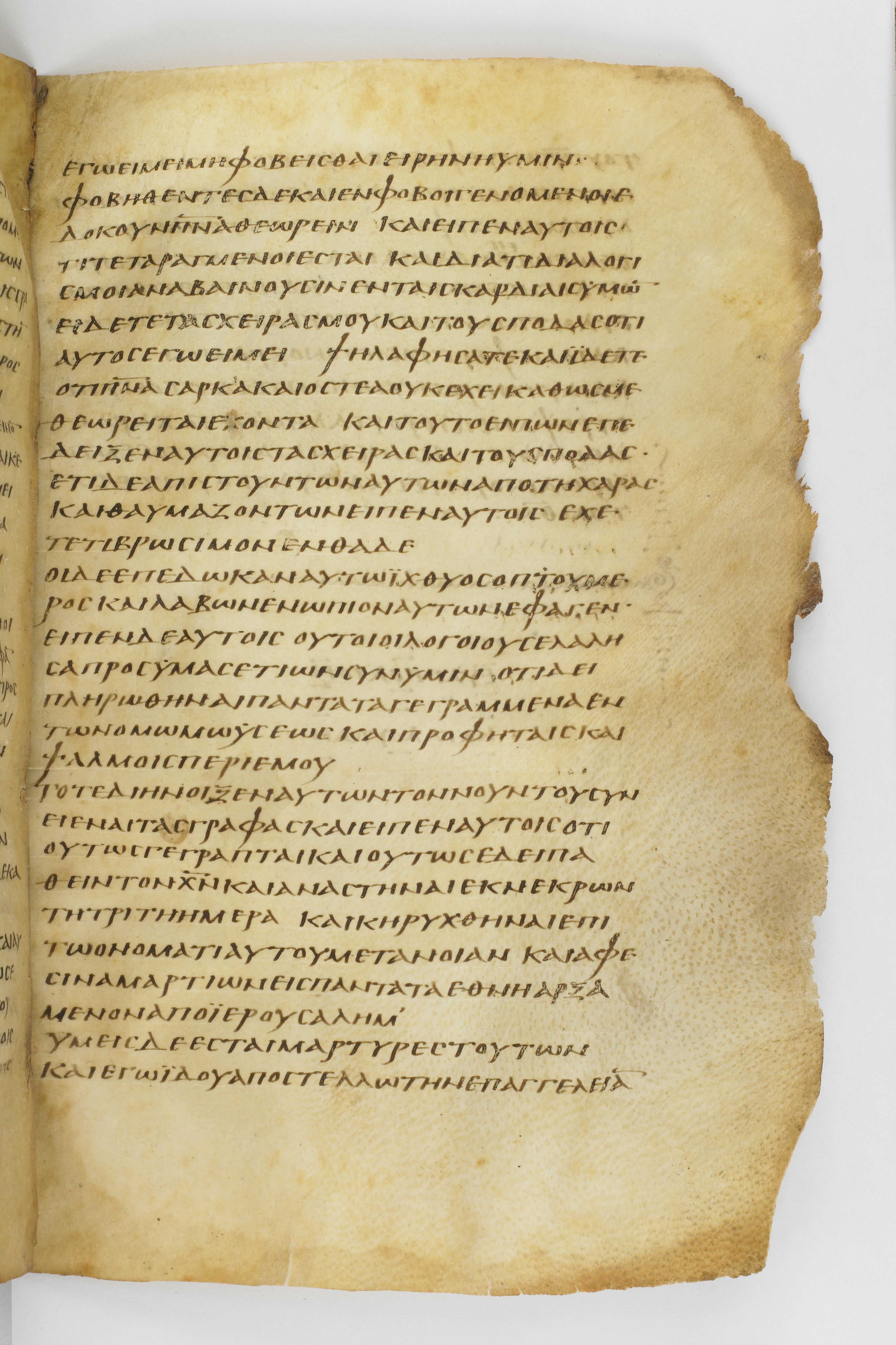 Codex Washingtonianus showing Luke 24:39 from Late 4th to 5th Century found in Egypt (possibly near the Pyramids), currently housed at Freer Gallery of Art, Smithsonian Institution, Washington, D.C.