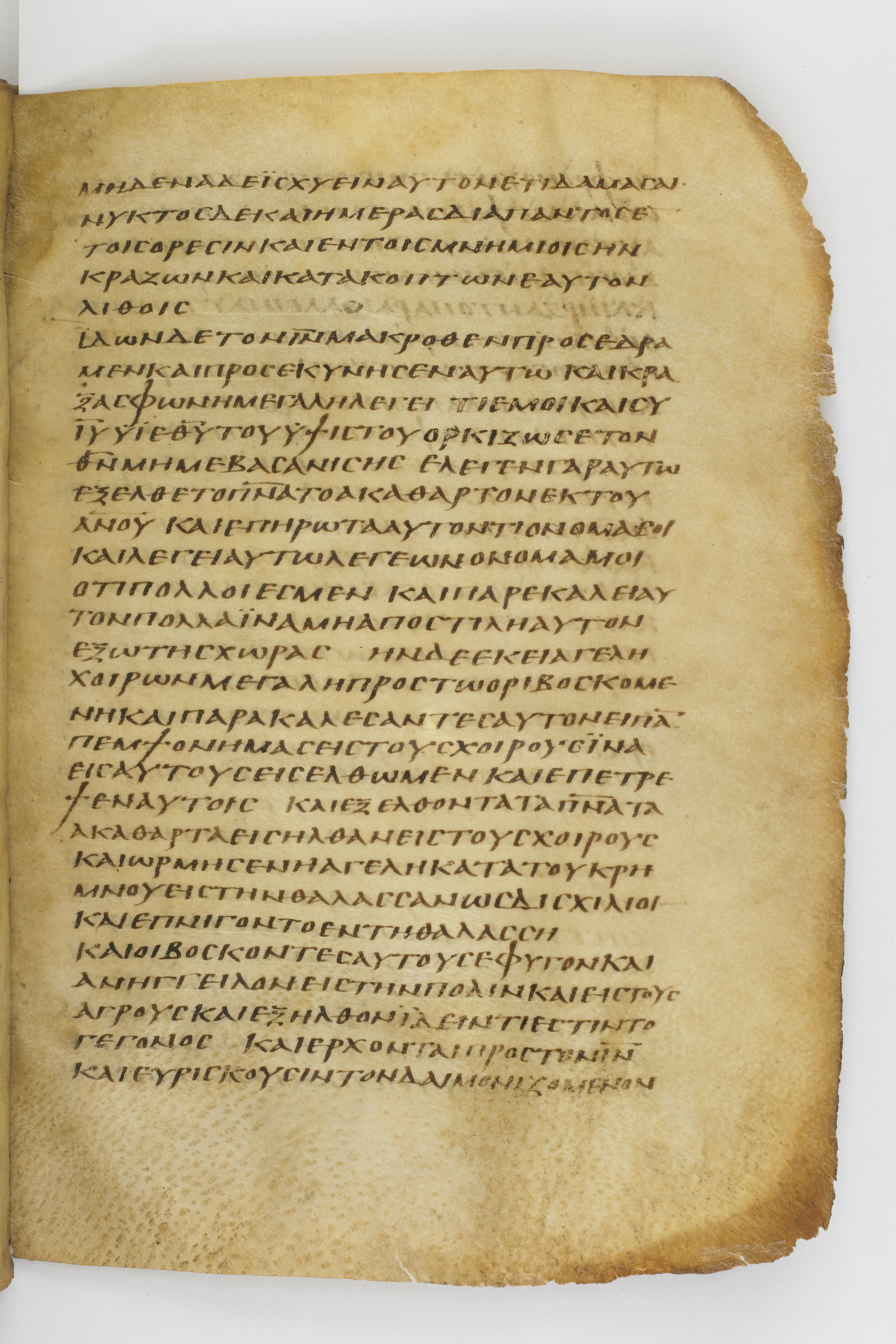 Codex Washingtonianus showing Mark 5:13 from Late 4th to 5th Century found in Egypt (possibly near the Pyramids), currently housed at Freer Gallery of Art, Smithsonian Institution, Washington, D.C.