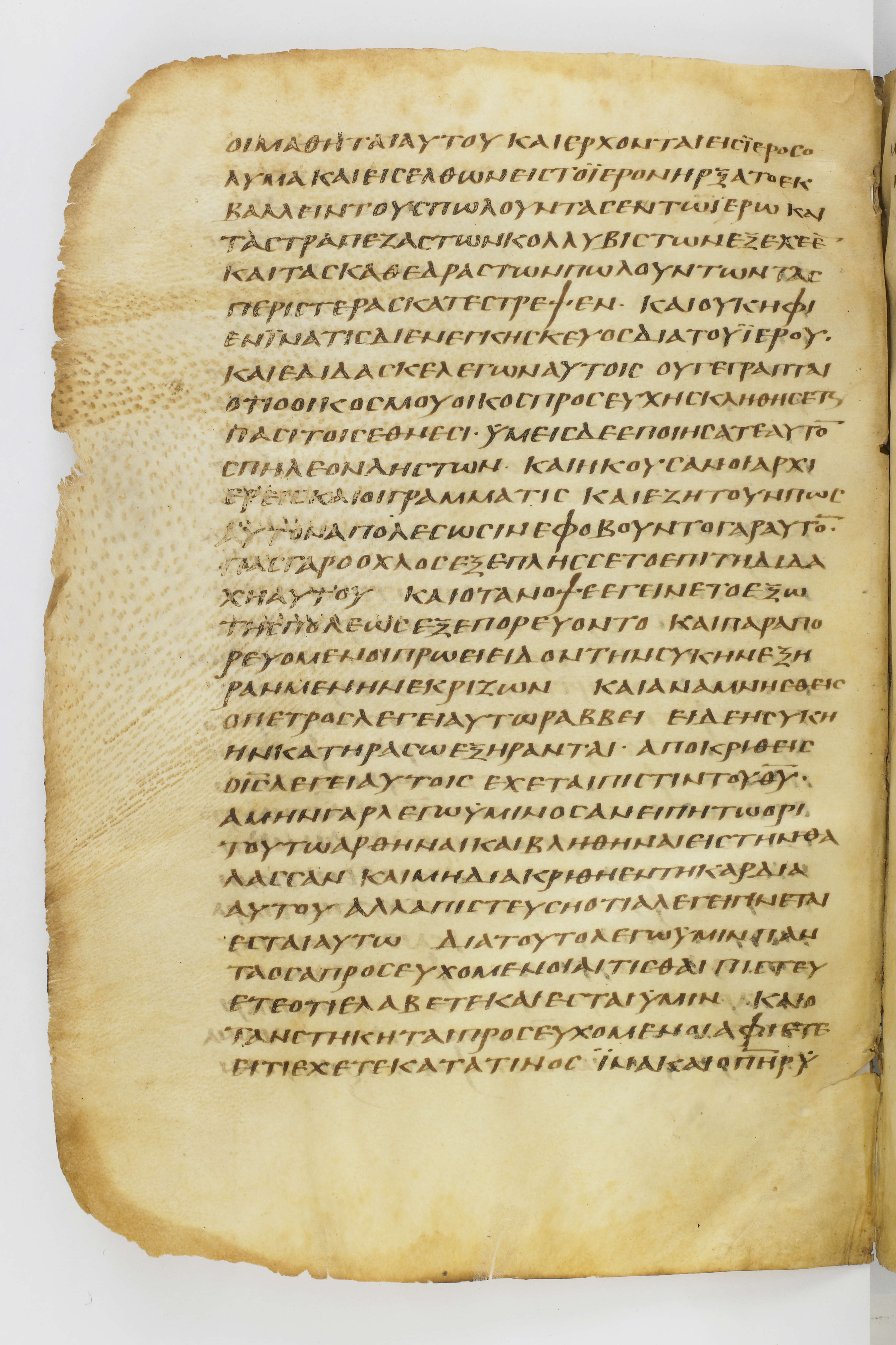 Codex Washingtonianus showing Mark 11:16 from Late 4th to 5th Century found in Egypt (possibly near the Pyramids), currently housed at Freer Gallery of Art, Smithsonian Institution, Washington, D.C.