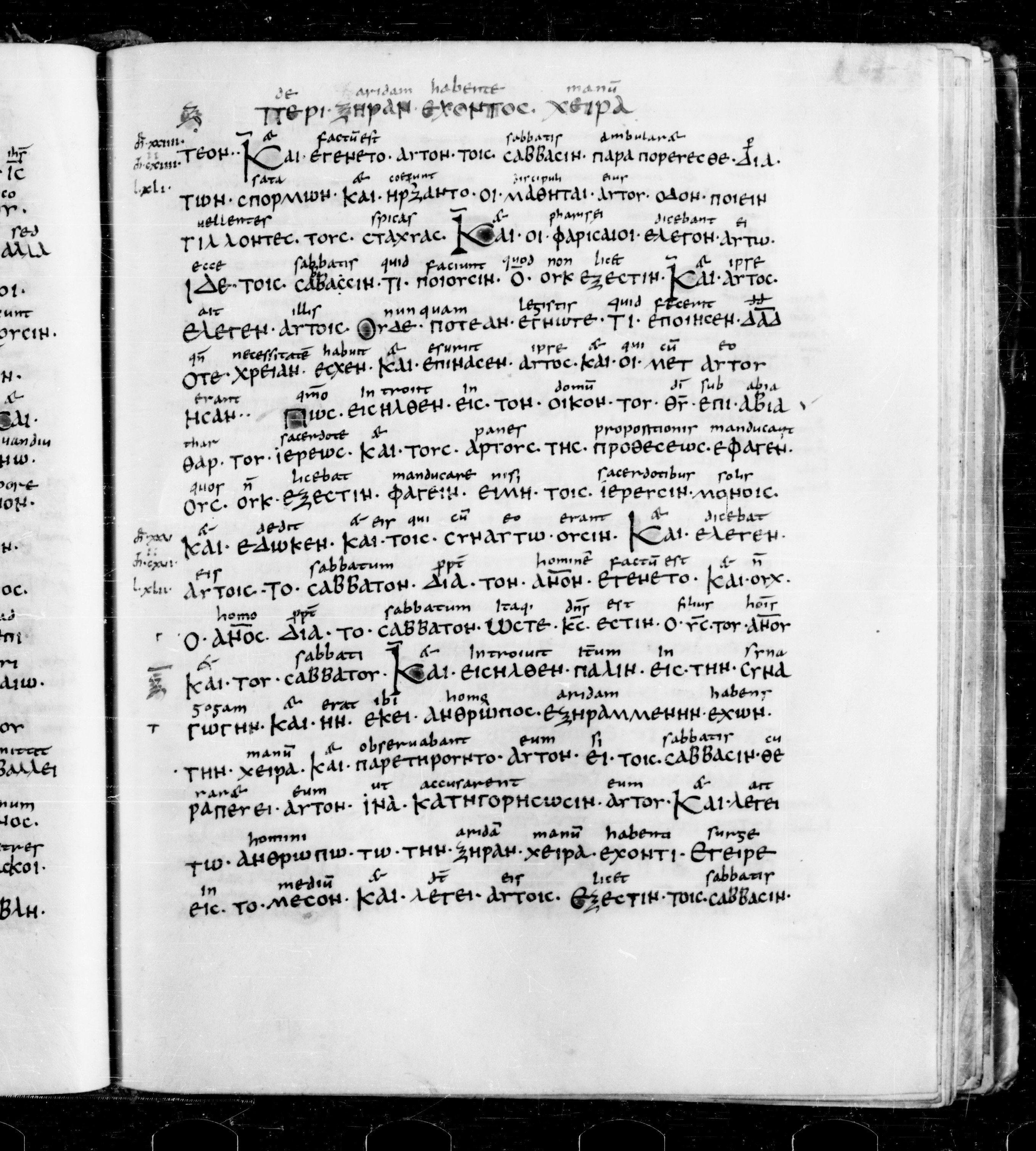 Codex Sangallensis 48 showing Mark 3:2 from 9th Century, currently housed at Abbey library of Saint Gall, St. Gallen, Switzerland
