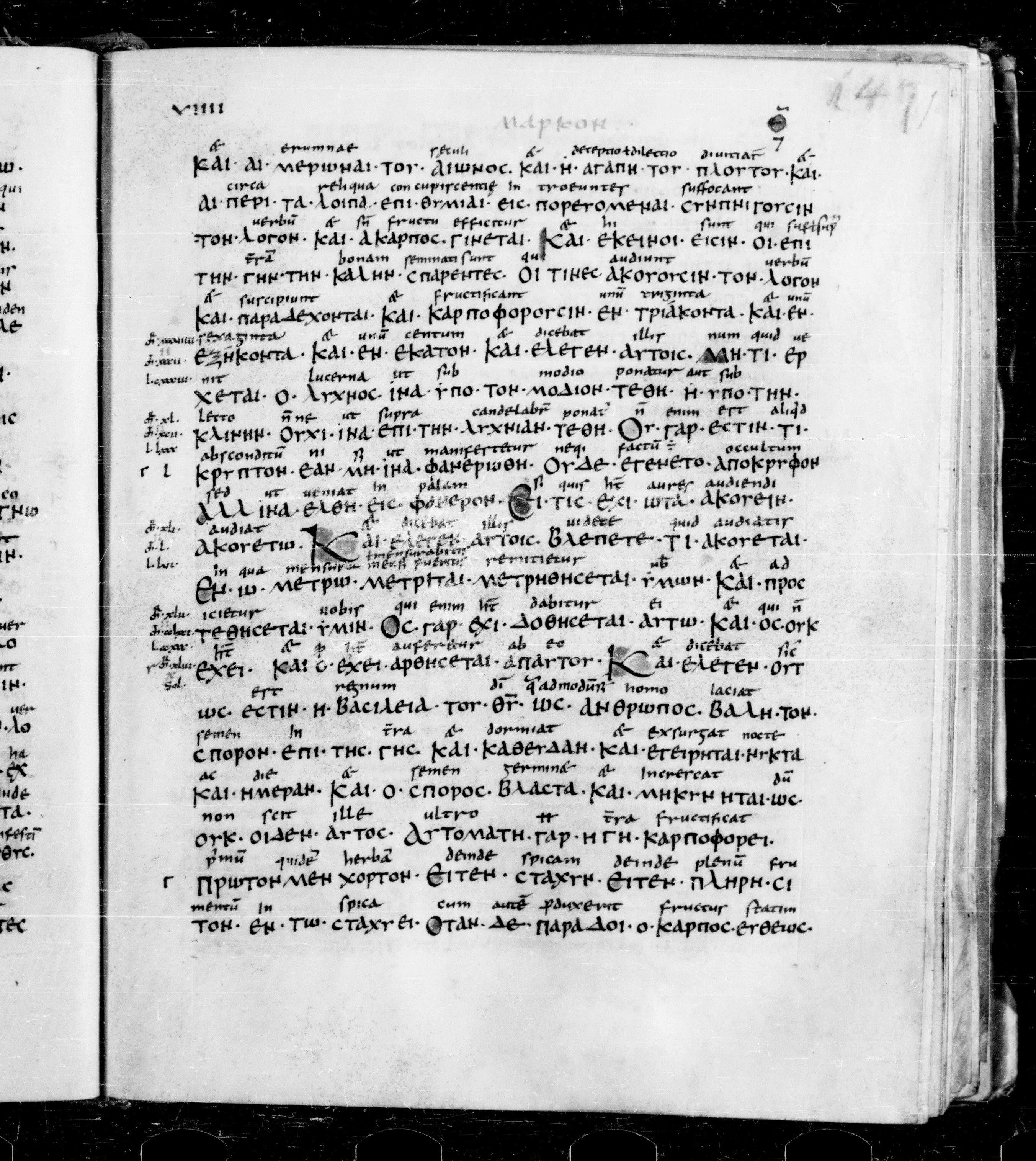 Codex Sangallensis 48 showing Mark 4:28 from 9th Century, currently housed at Abbey library of Saint Gall, St. Gallen, Switzerland