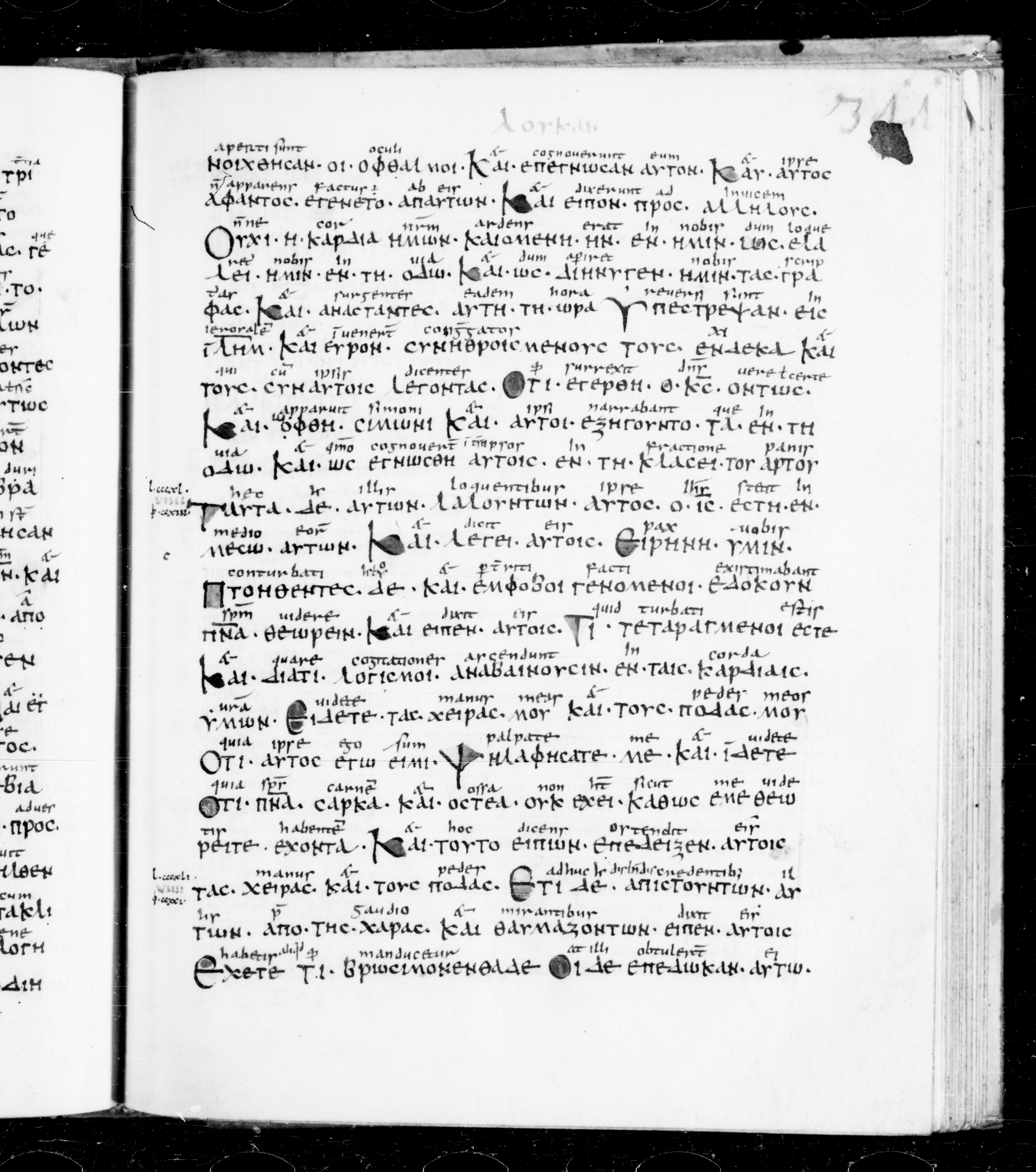 Codex Sangallensis 48 showing Luke 24:39 from 9th Century, currently housed at Abbey library of Saint Gall, St. Gallen, Switzerland