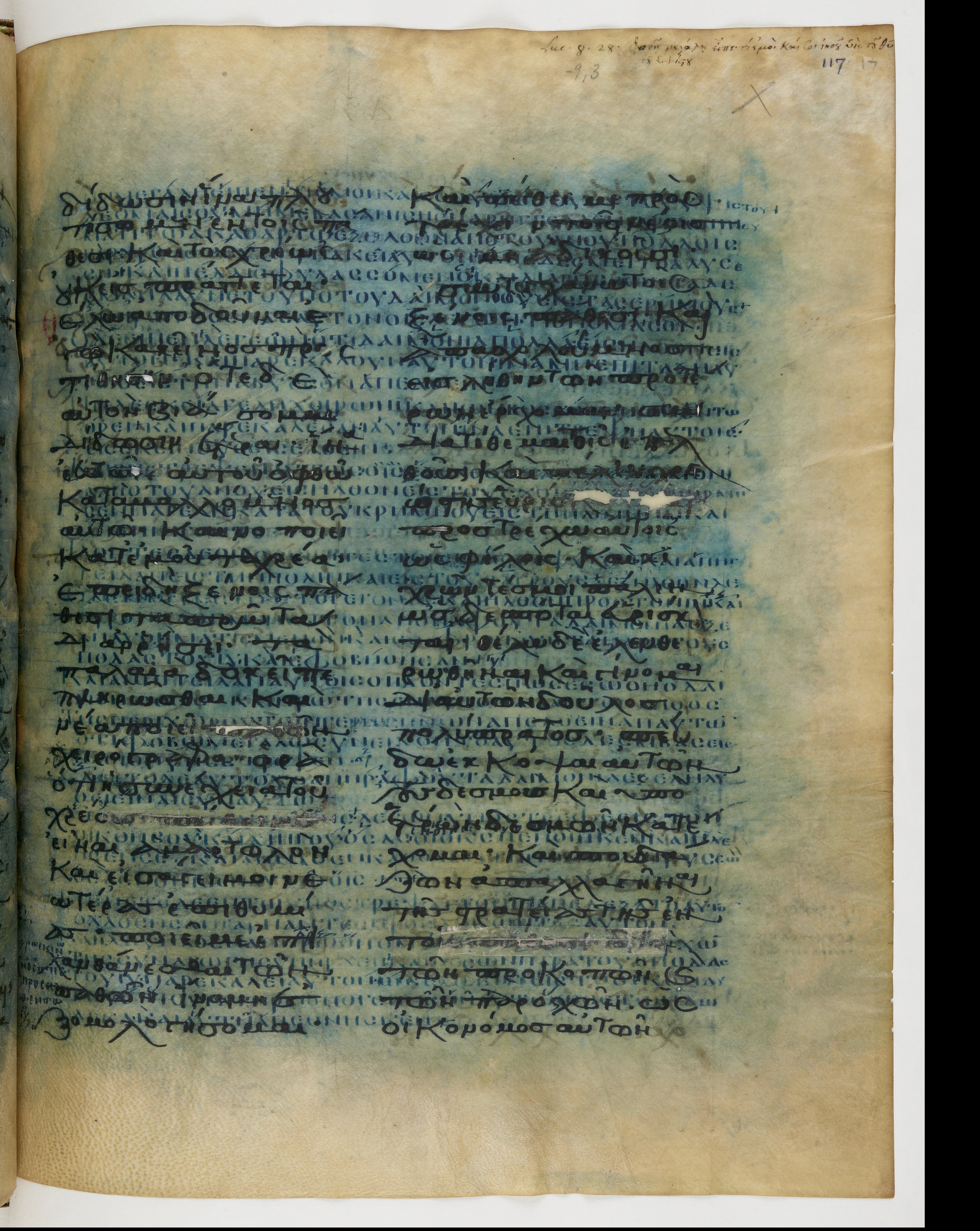 Codex Ephraemi Rescriptus showing Luke 8:32 from Mid 5th Century, currently housed at Bibliothèque nationale de France, Paris