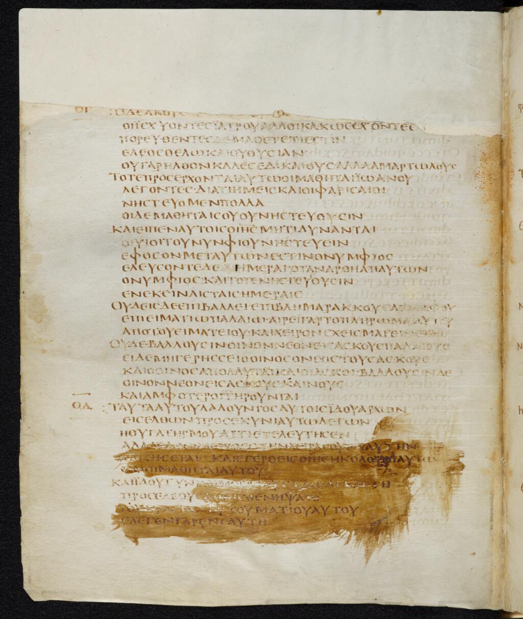 Codex Bezae (Scan 1) showing Matthew 9:21 from Late 4th or early 5th Century found in Disputed (likely Southern France or Beirut), currently housed at Cambridge University Library, UK
