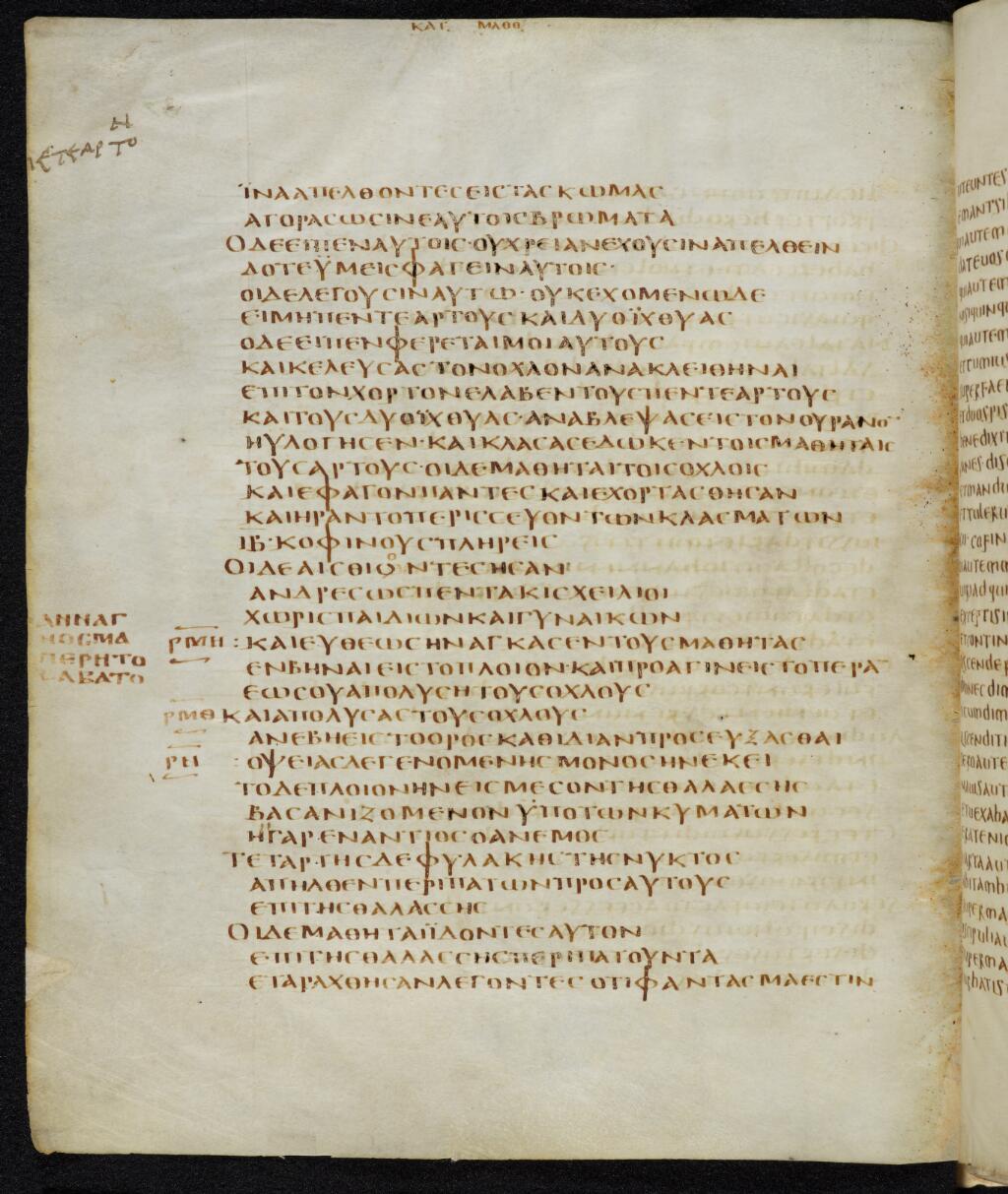 Codex Bezae showing Matthew 14:21 from Late 4th or early 5th Century found in Disputed (likely Southern France or Beirut), currently housed at Cambridge University Library, UK