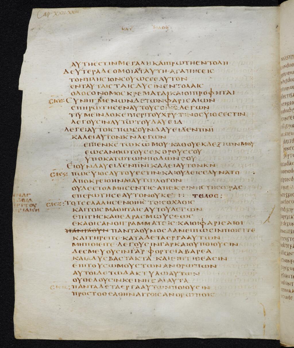 Codex Bezae showing Matthew 22:41 from Late 4th or early 5th Century found in Disputed (likely Southern France or Beirut), currently housed at Cambridge University Library, UK