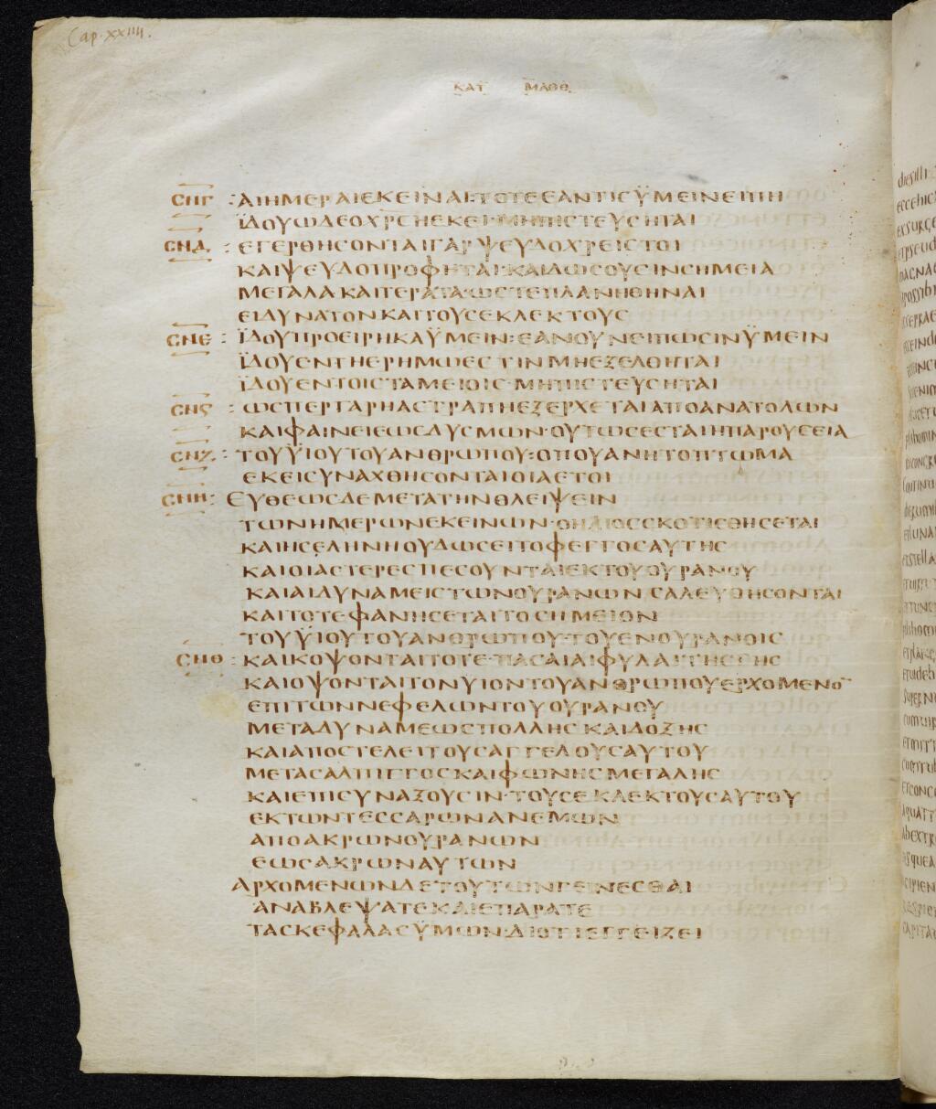Codex Bezae (Scan 2) showing Matthew 24:22 from Late 4th or early 5th Century found in Disputed (likely Southern France or Beirut), currently housed at Cambridge University Library, UK
