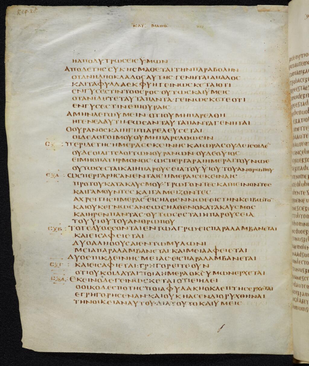 Codex Bezae showing Matthew 24:39 from Late 4th or early 5th Century found in Disputed (likely Southern France or Beirut), currently housed at Cambridge University Library, UK