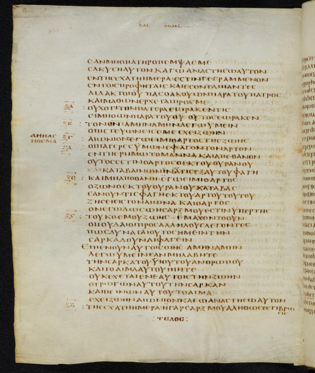 Codex Bezae showing John 6:49 from Late 4th or early 5th Century found in Disputed (likely Southern France or Beirut), currently housed at Cambridge University Library, UK