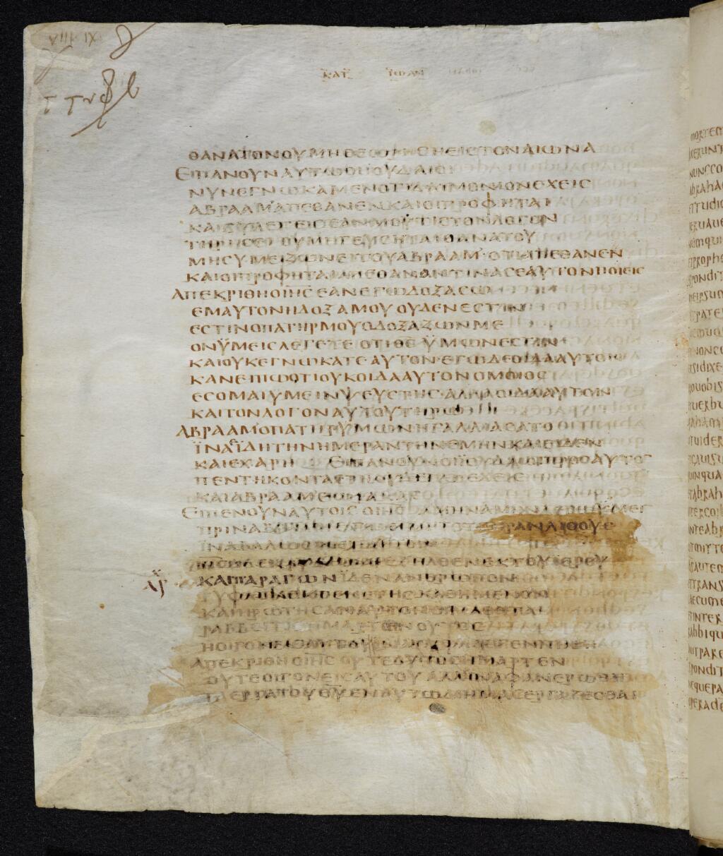 Codex Bezae showing John 9:3 from Late 4th or early 5th Century found in Disputed (likely Southern France or Beirut), currently housed at Cambridge University Library, UK