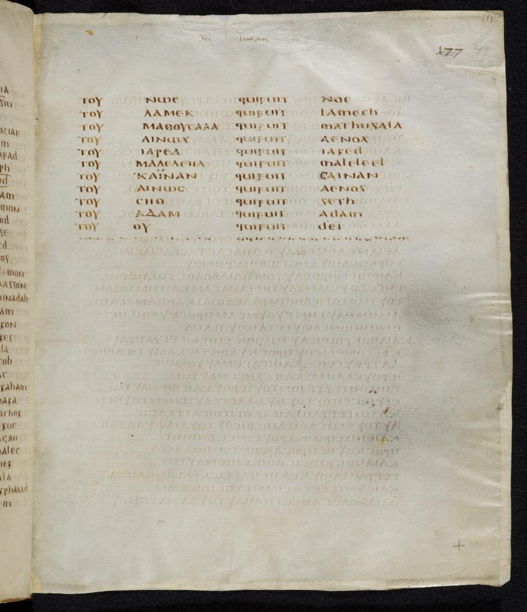 Codex Bezae showing Luke 3:37 from Late 4th or early 5th Century found in Disputed (likely Southern France or Beirut), currently housed at Cambridge University Library, UK