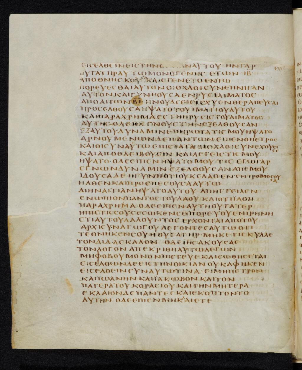 Codex Bezae showing Luke 8:49 from Late 4th or early 5th Century found in Disputed (likely Southern France or Beirut), currently housed at Cambridge University Library, UK