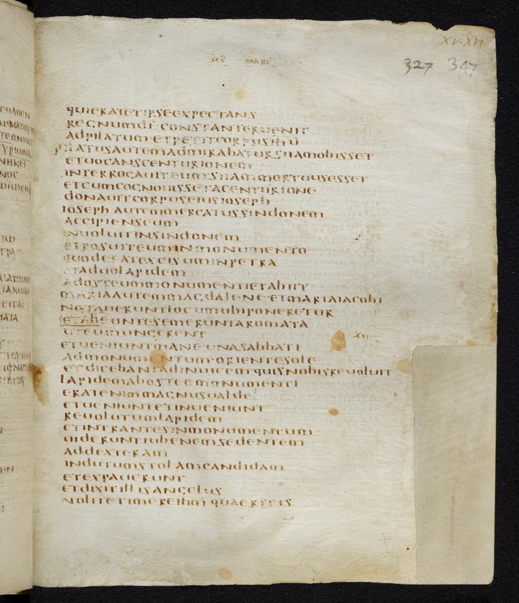 Codex Bezae (Scan 2) showing Mark 16:2 from Late 4th or early 5th Century found in Disputed (likely Southern France or Beirut), currently housed at Cambridge University Library, UK