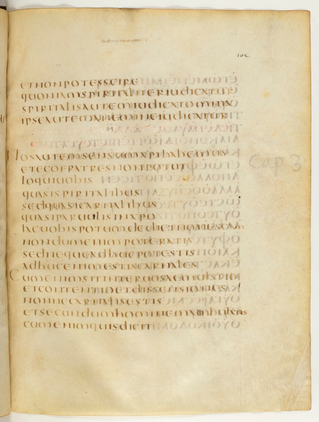 Codex Claromontanus (Scan 2) showing 1 Corinthians 3:2 from 5th / 6th Century found in Clermont-Ferrand, France, currently housed at Bibliothèque nationale de France, Paris