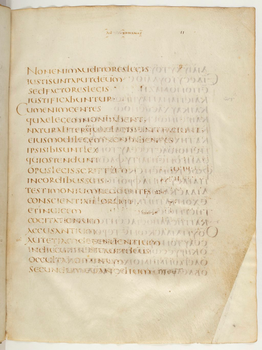 Codex Claromontanus (Scan 2) showing Romans 2:13 from 5th / 6th Century found in Clermont-Ferrand, France, currently housed at Bibliothèque nationale de France, Paris