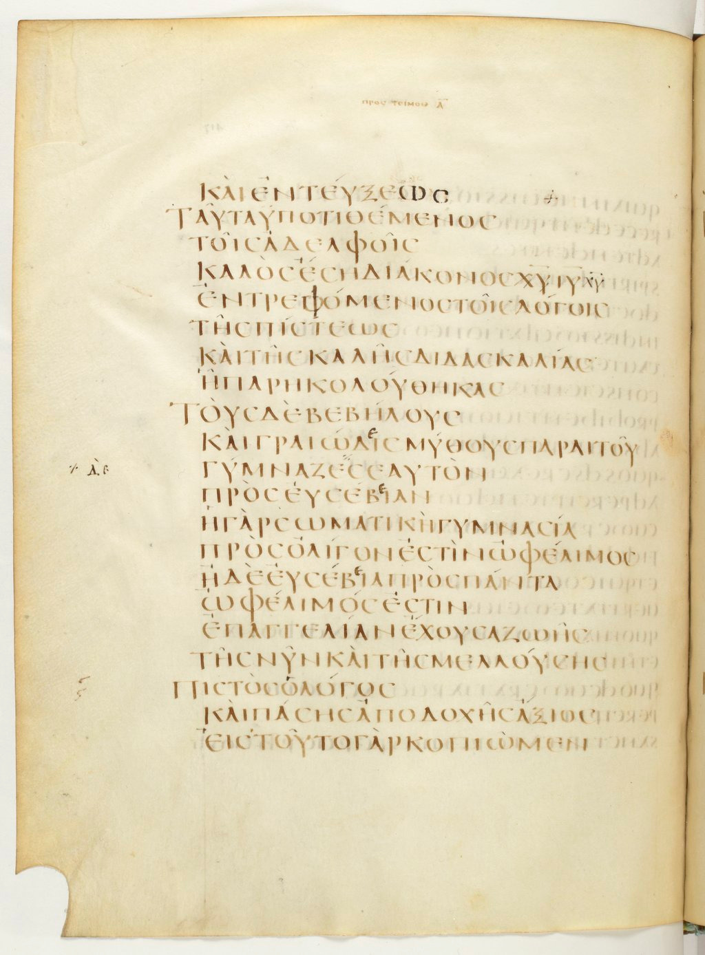 Codex Claromontanus (Scan 1) showing 1 Timothy 4:7 from 5th / 6th Century found in Clermont-Ferrand, France, currently housed at Bibliothèque nationale de France, Paris