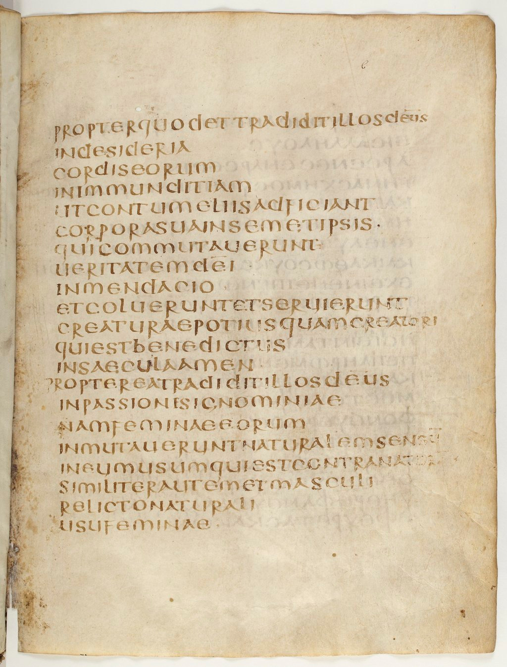Codex Claromontanus (Scan 2) showing Romans 1:27 from 5th / 6th Century found in Clermont-Ferrand, France, currently housed at Bibliothèque nationale de France, Paris