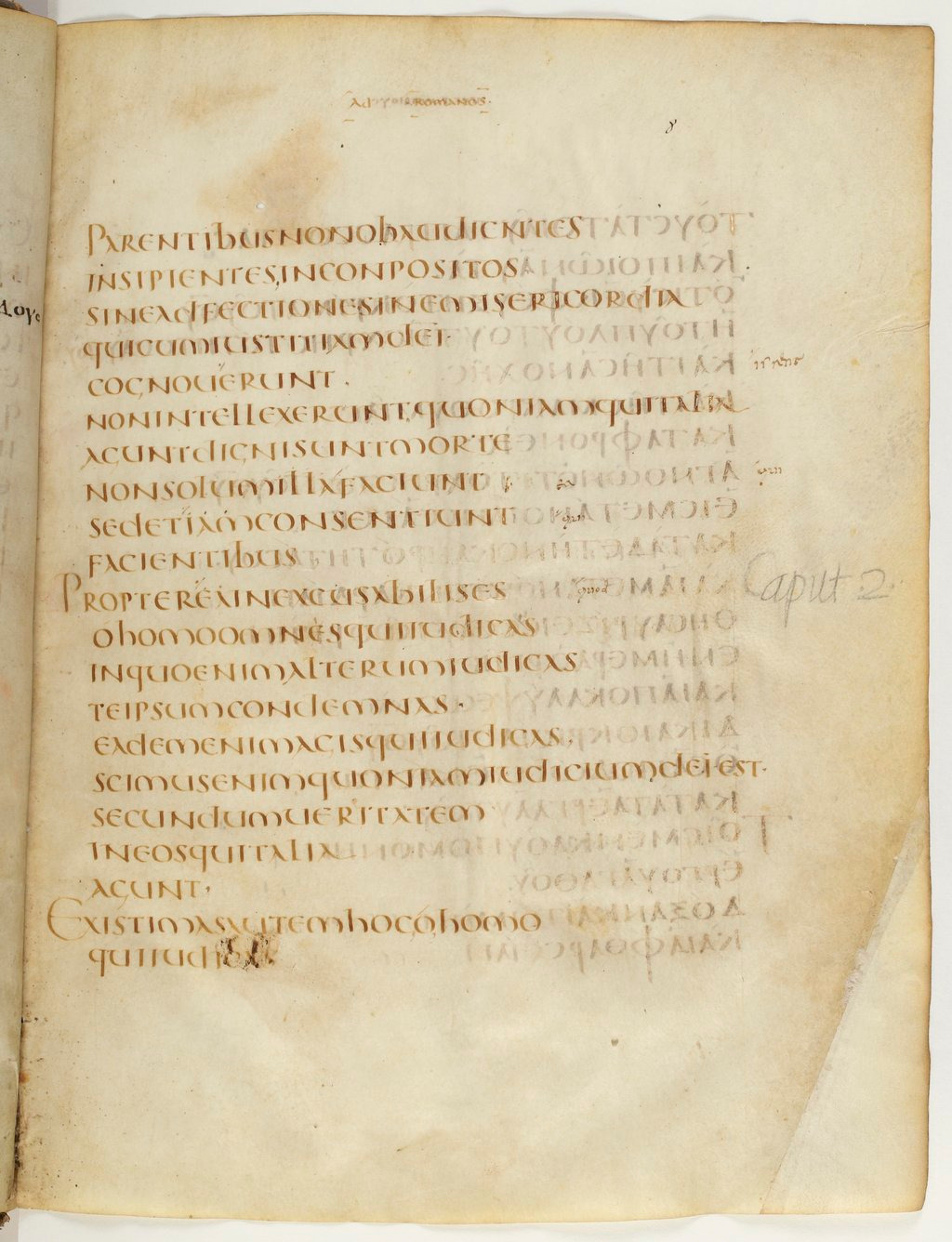 Codex Claromontanus (Scan 2) showing Romans 2:1 from 5th / 6th Century found in Clermont-Ferrand, France, currently housed at Bibliothèque nationale de France, Paris