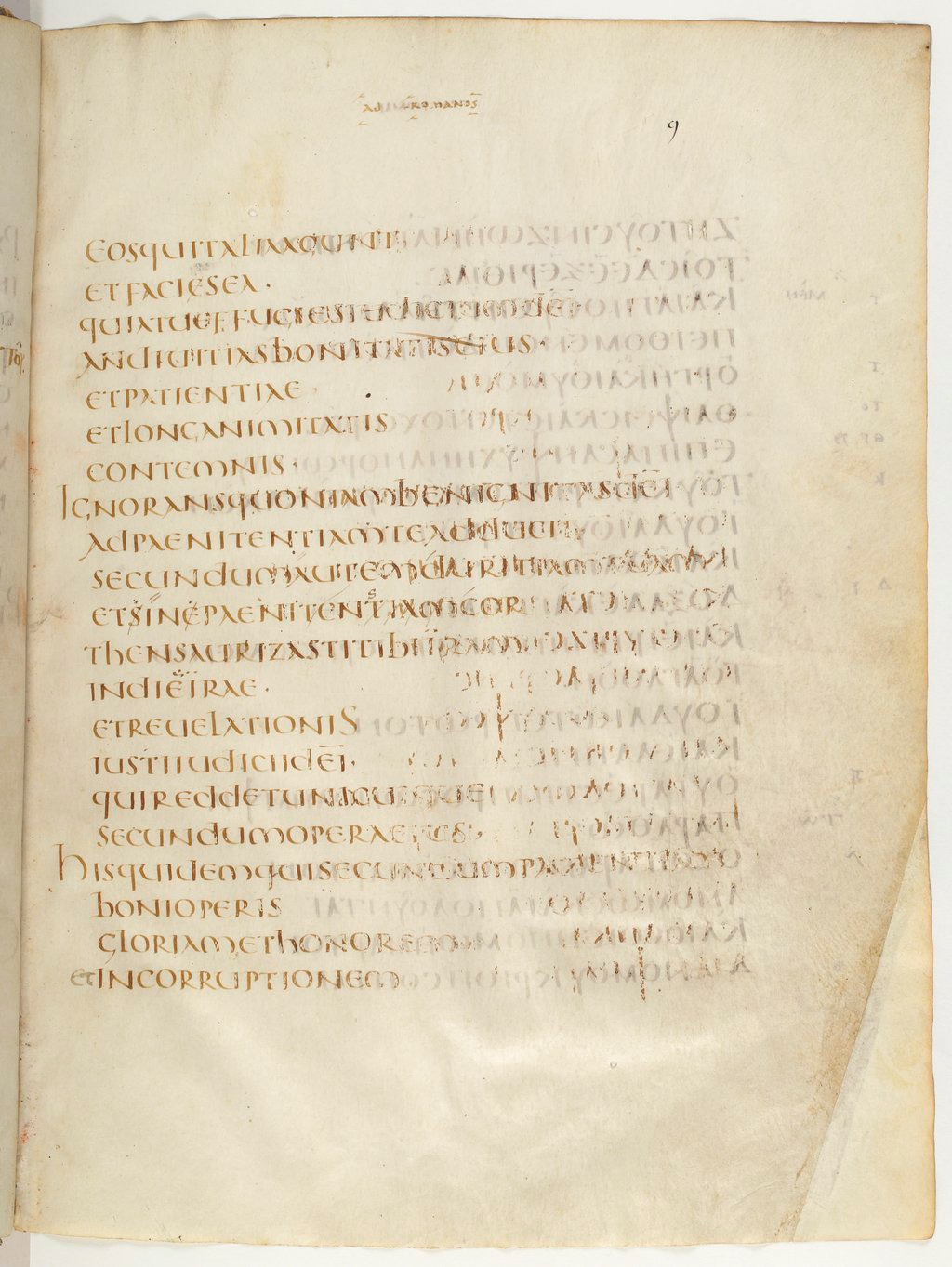 Codex Claromontanus (Scan 3) showing Romans 2:7 from 5th / 6th Century found in Clermont-Ferrand, France, currently housed at Bibliothèque nationale de France, Paris