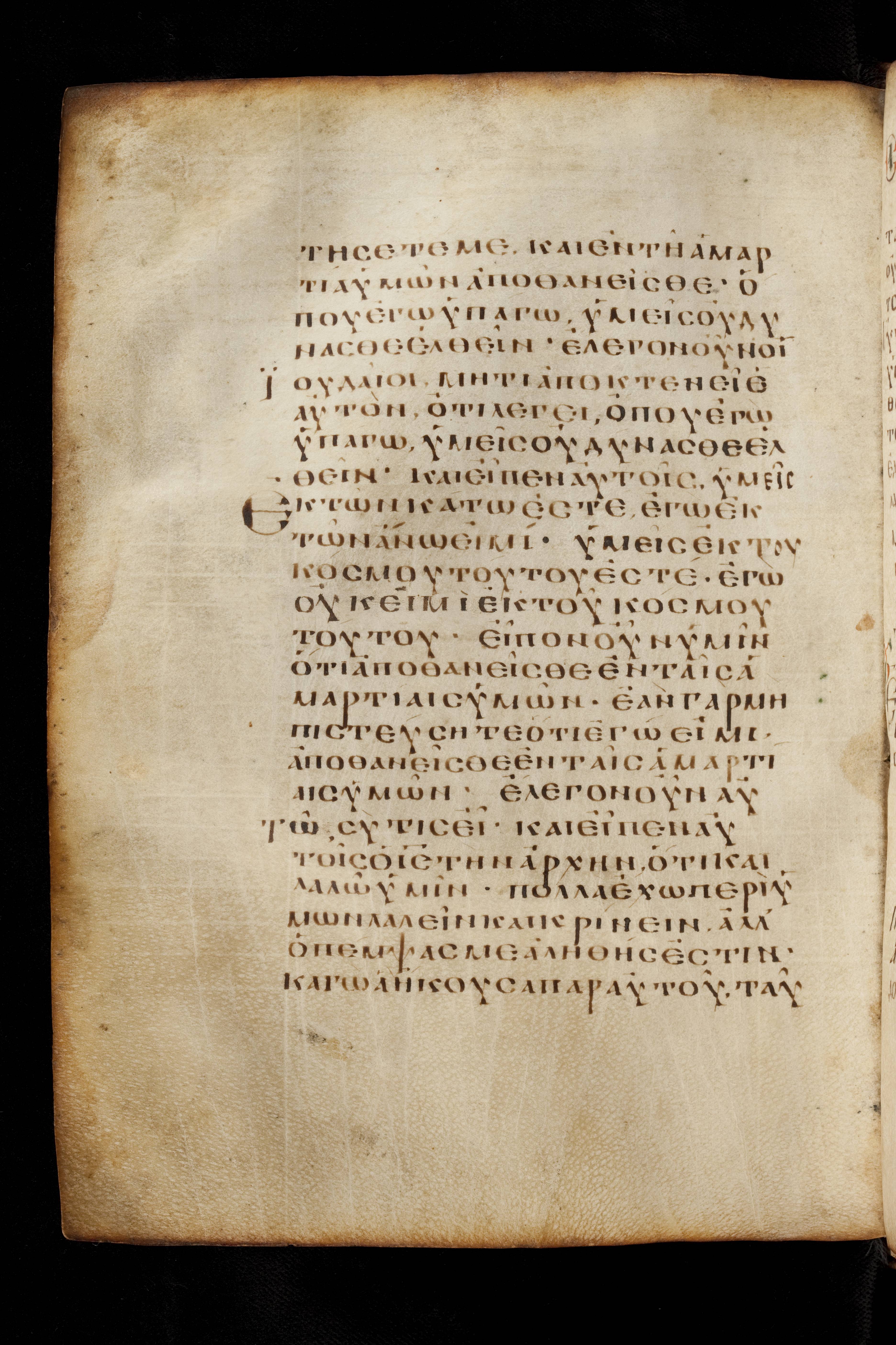 Codex Basilensis (Scan 2) showing John 8:21 from 8th Century found in Constantinople (possibly), currently housed at Basel University Library, Basel, Switzerland