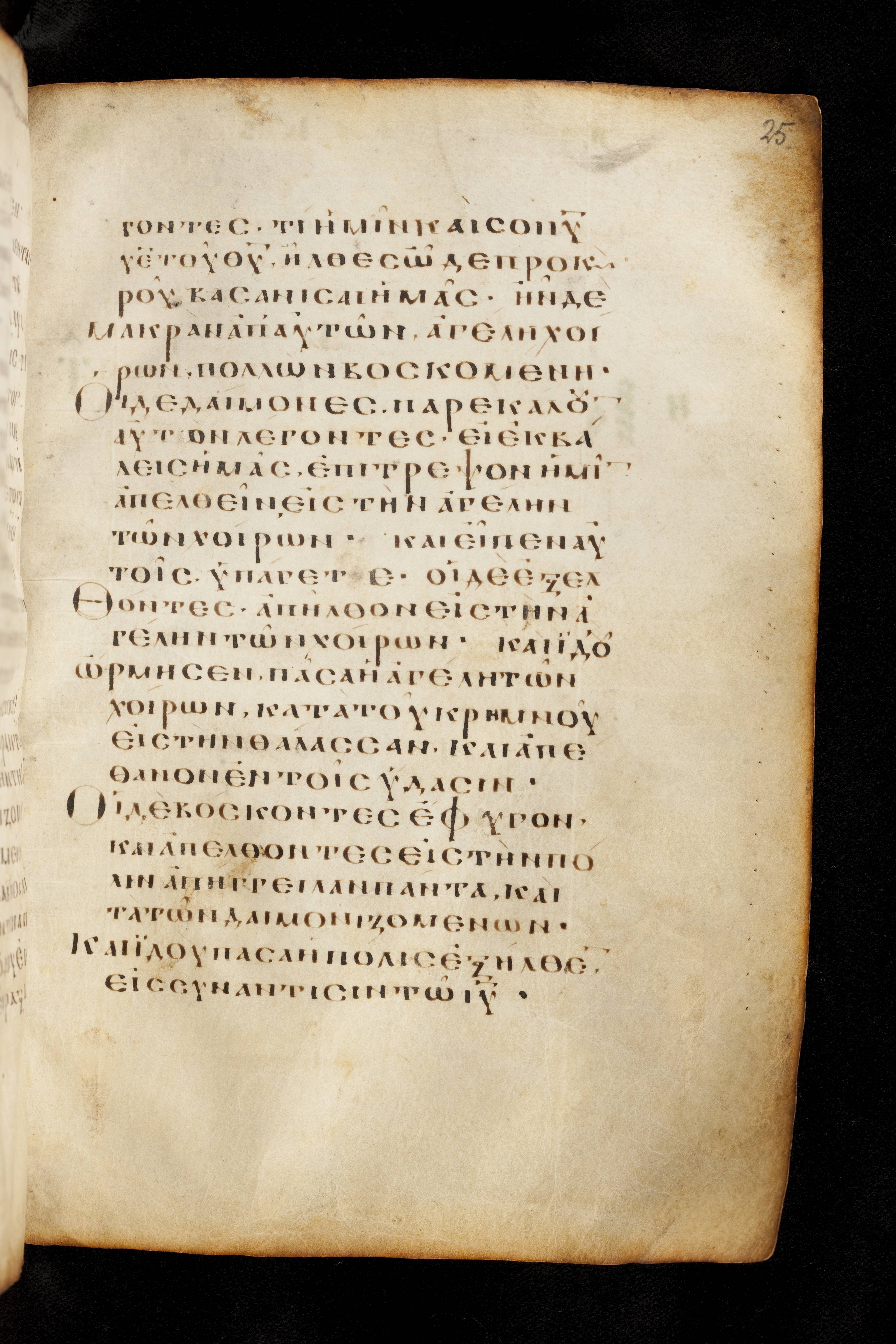 Codex Basilensis (Scan 2) showing Matthew 8:29 from 8th Century found in Constantinople (possibly), currently housed at Basel University Library, Basel, Switzerland