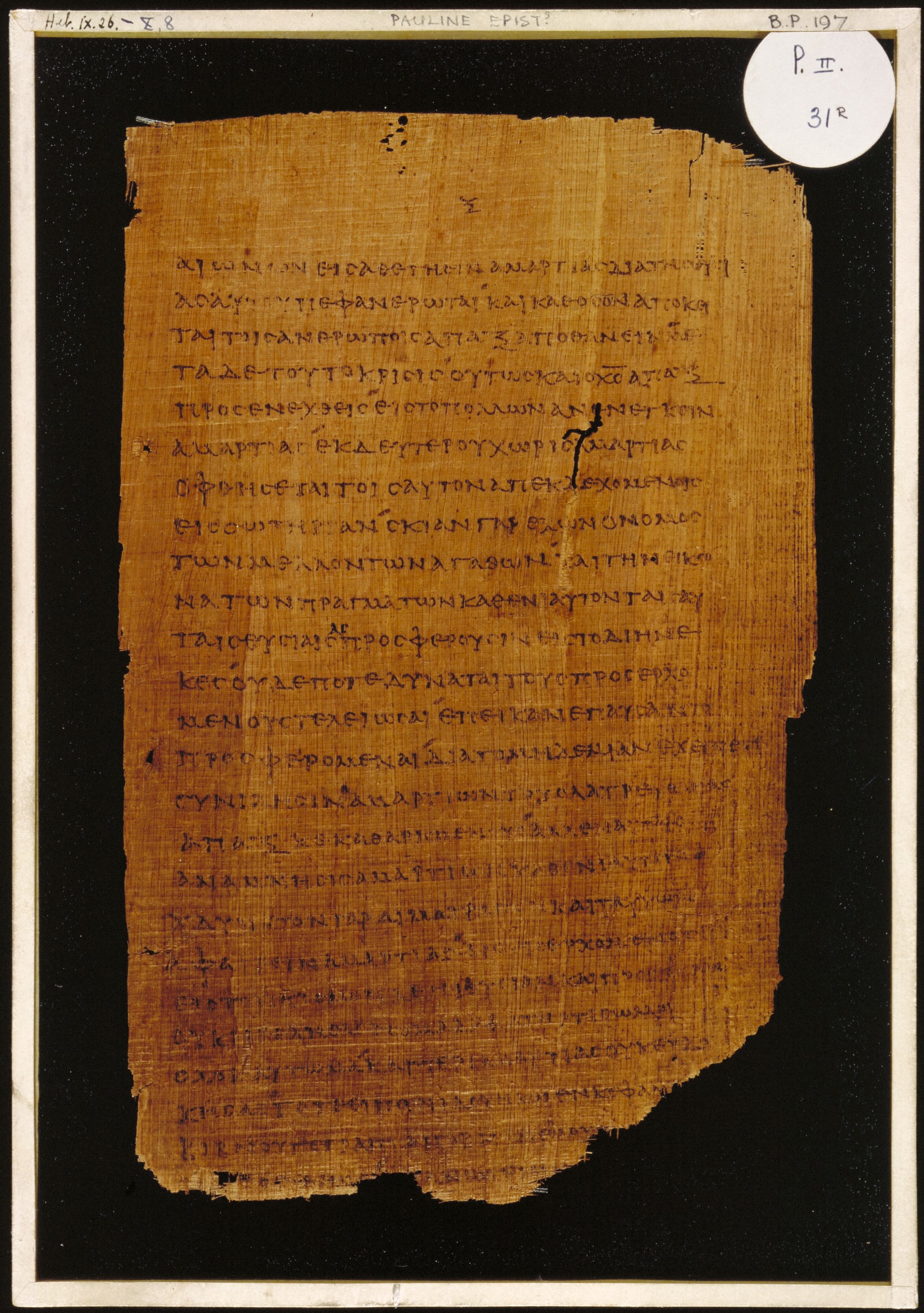 Chester Beatty Papyrus II showing Hebrews 10:2 from Late 2nd to Early 3rd Century found in Fayyum, Egypt (disputed), currently housed at Chester Beatty Library, Dublin and University of Michigan, Ann Arbor