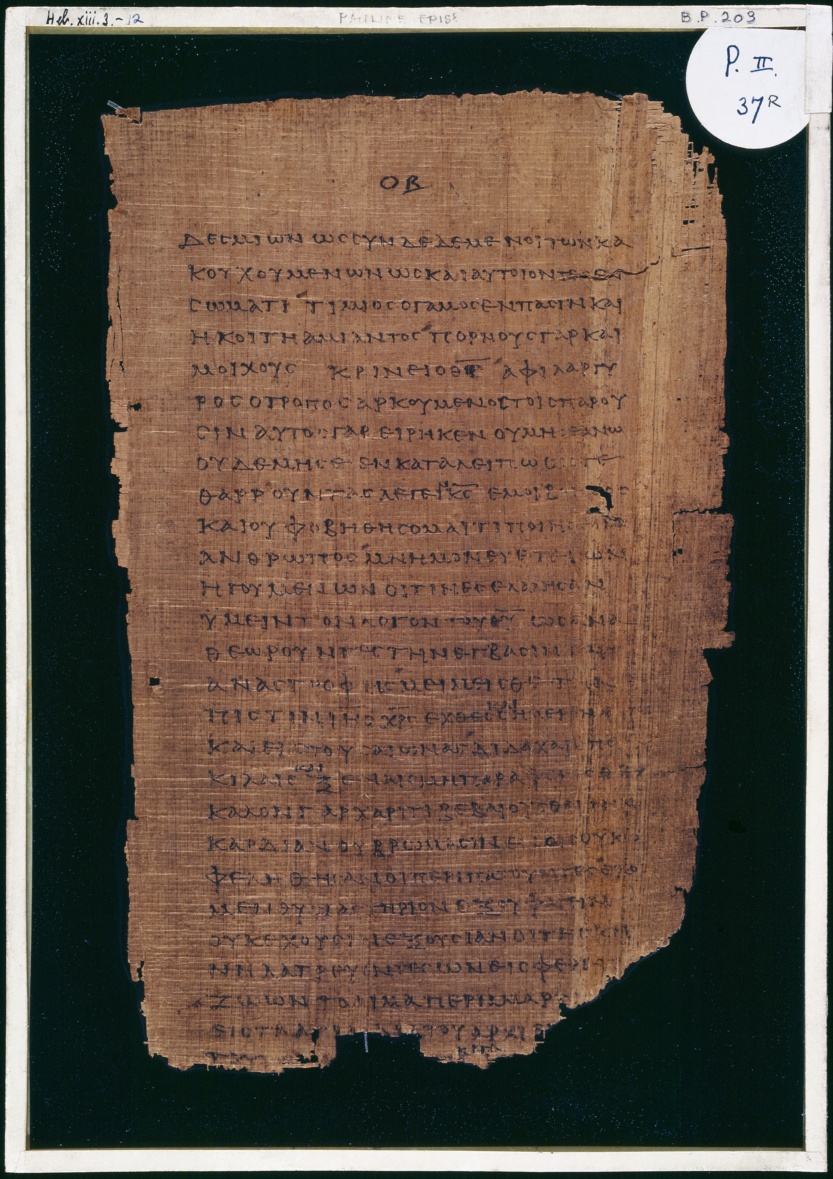 Chester Beatty Papyrus II showing Hebrews 13:7 from Late 2nd to Early 3rd Century found in Fayyum, Egypt (disputed), currently housed at Chester Beatty Library, Dublin and University of Michigan, Ann Arbor