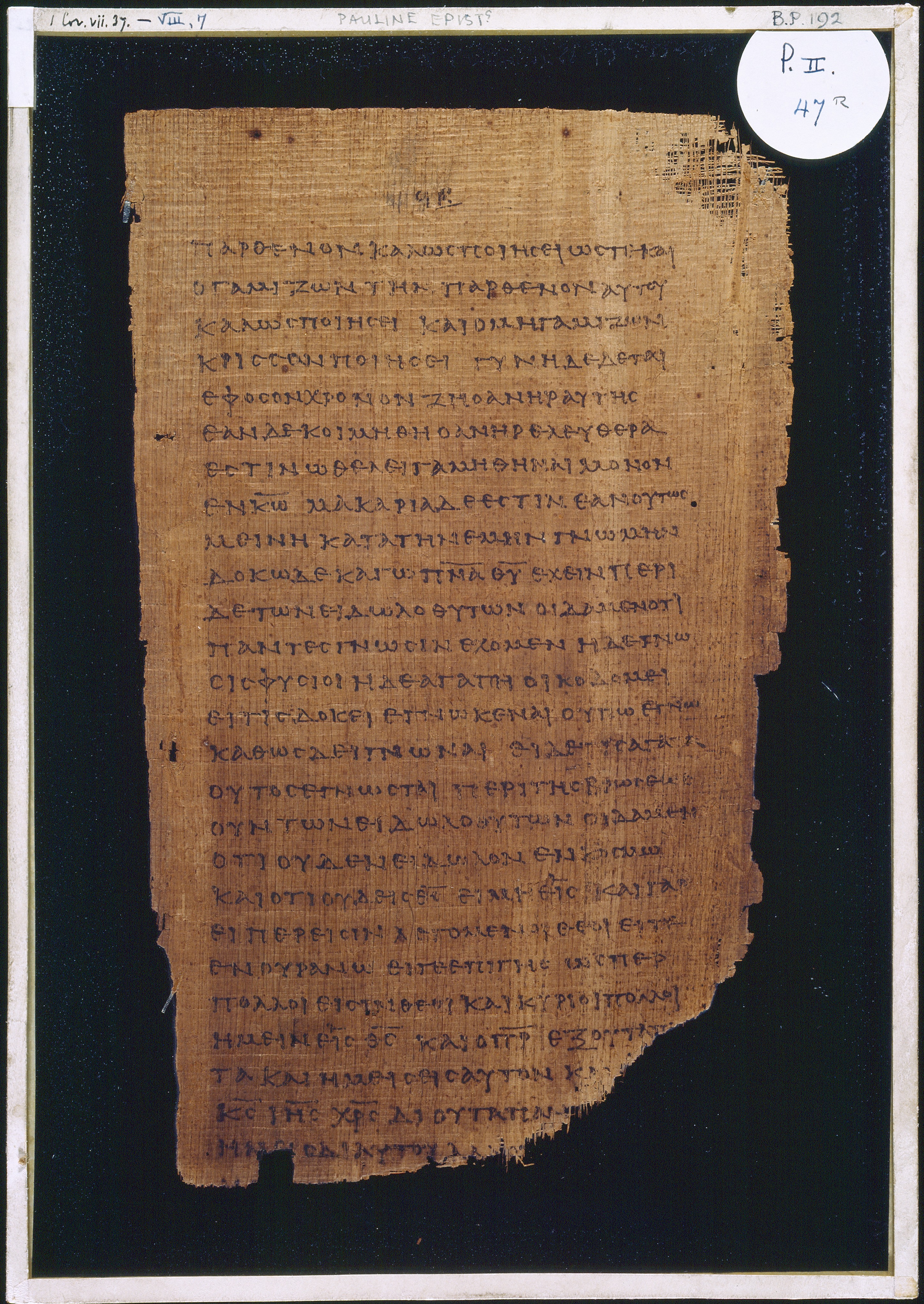Chester Beatty Papyrus II showing 1 Corinthians 8:2 from Late 2nd to Early 3rd Century found in Fayyum, Egypt (disputed), currently housed at Chester Beatty Library, Dublin and University of Michigan, Ann Arbor