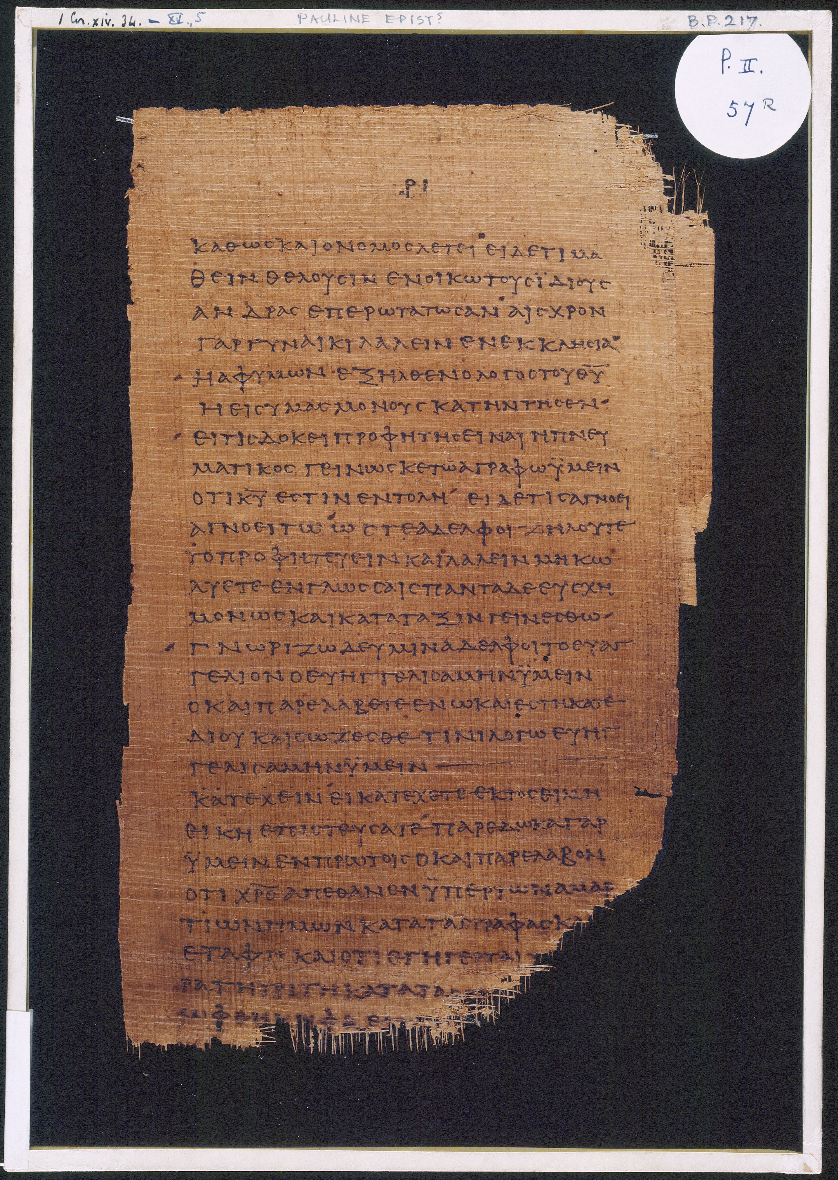 Chester Beatty Papyrus II showing 1 Corinthians 14:39 from Late 2nd to Early 3rd Century found in Fayyum, Egypt (disputed), currently housed at Chester Beatty Library, Dublin and University of Michigan, Ann Arbor