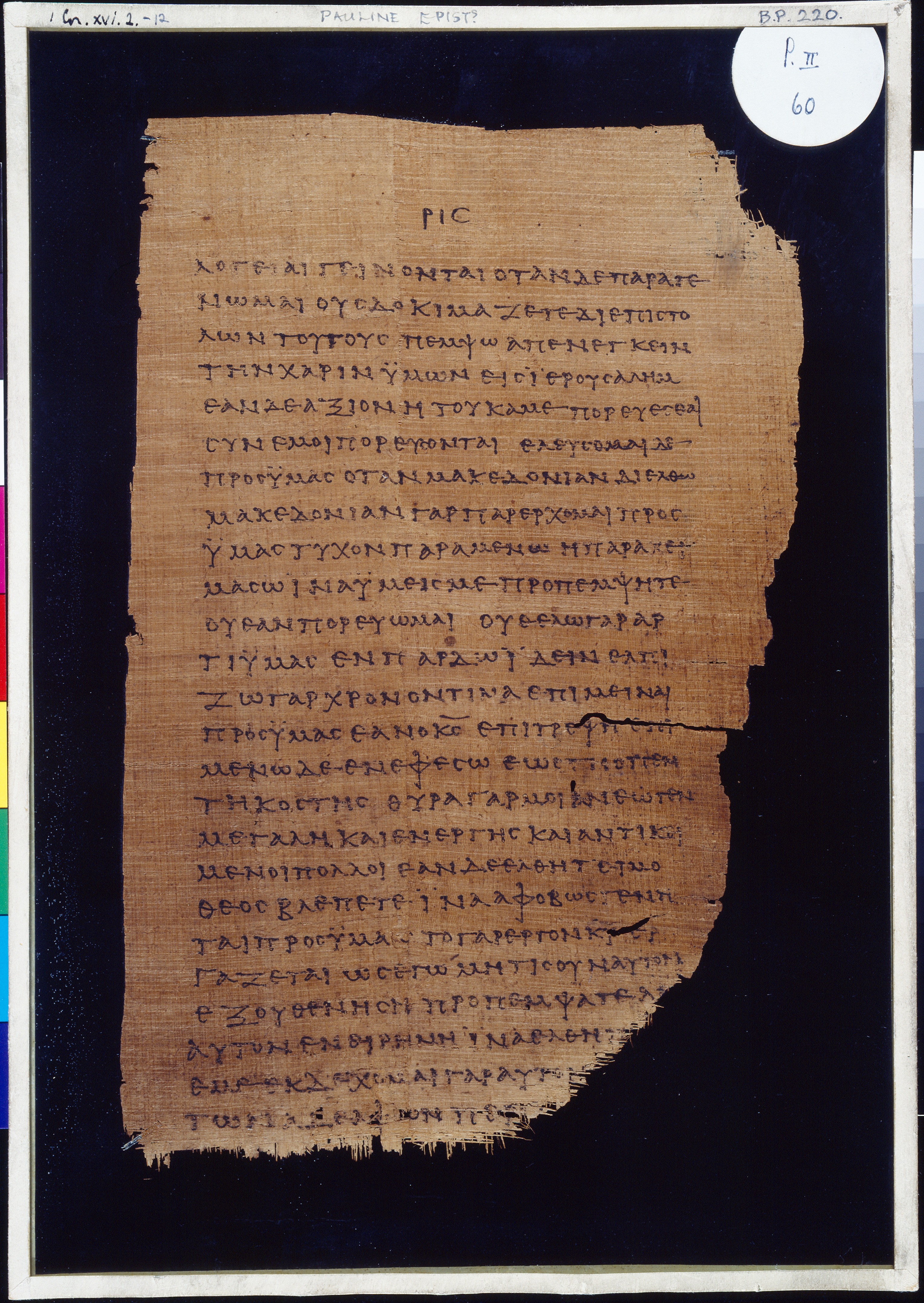 Chester Beatty Papyrus II (Scan 2) showing 1 Corinthians 16:2 from Late 2nd to Early 3rd Century found in Fayyum, Egypt (disputed), currently housed at Chester Beatty Library, Dublin and University of Michigan, Ann Arbor