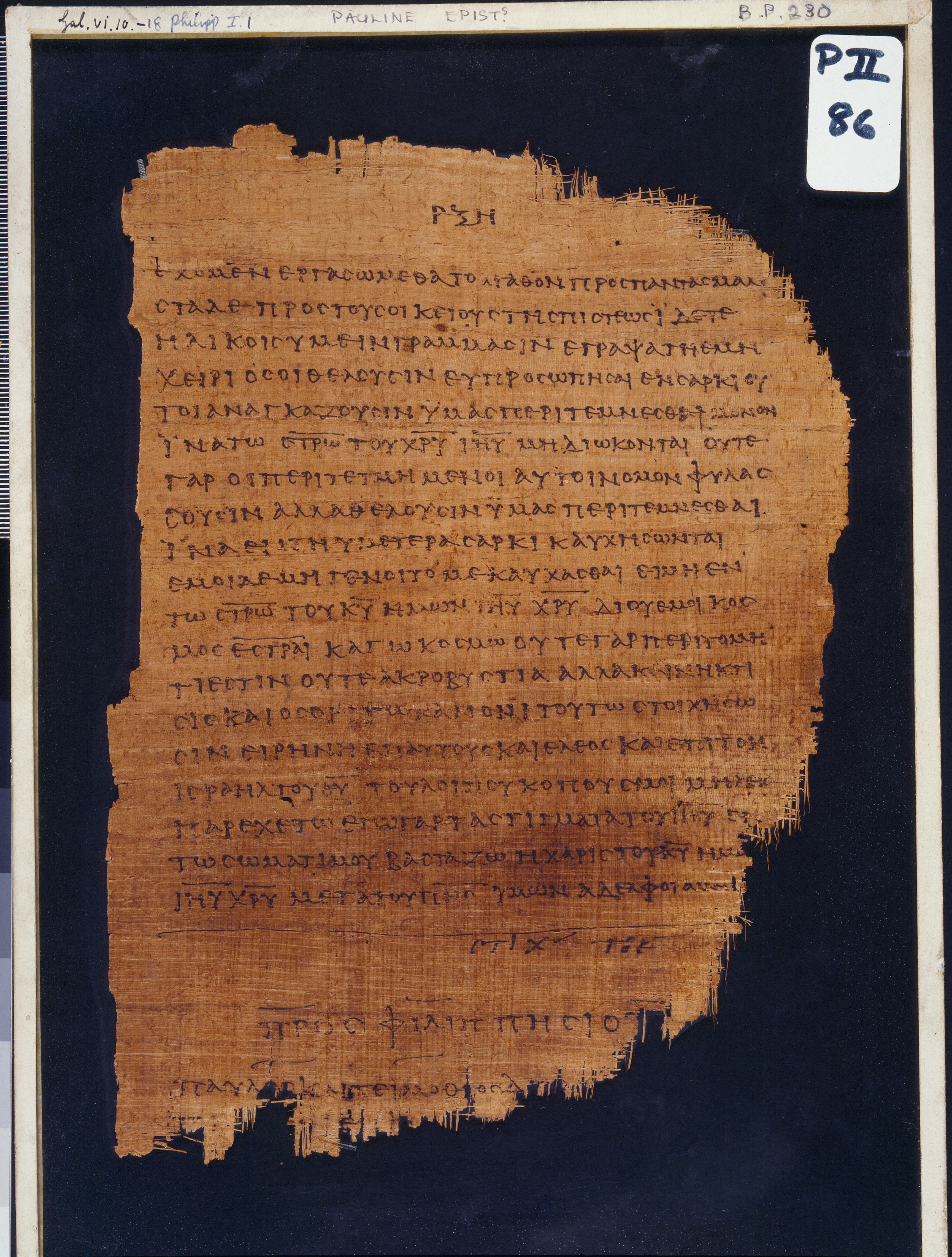 Chester Beatty Papyrus II showing Philippians 0:0 from Late 2nd to Early 3rd Century found in Fayyum, Egypt (disputed), currently housed at Chester Beatty Library, Dublin and University of Michigan, Ann Arbor