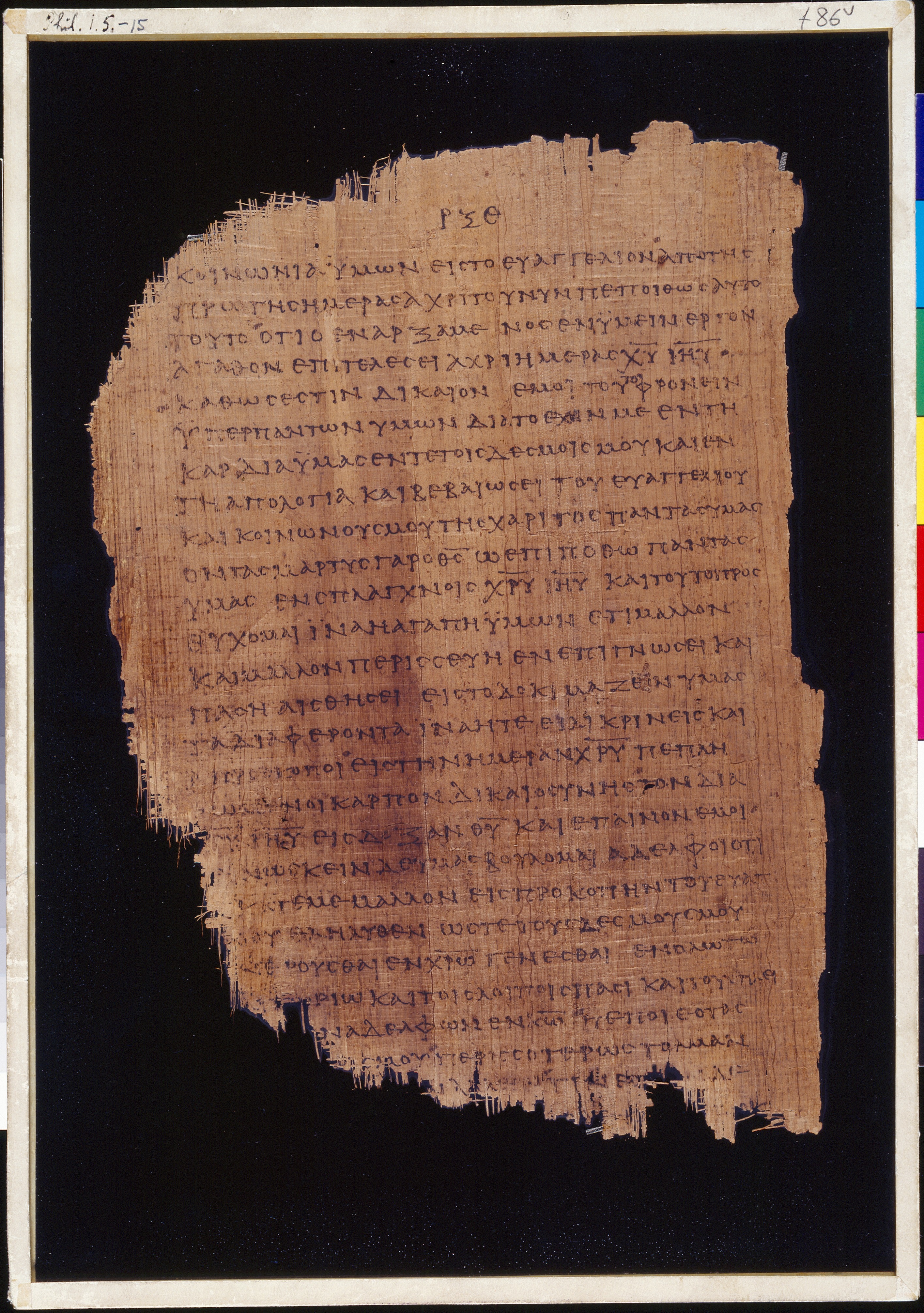 Chester Beatty Papyrus II showing Philippians 1:8 from Late 2nd to Early 3rd Century found in Fayyum, Egypt (disputed), currently housed at Chester Beatty Library, Dublin and University of Michigan, Ann Arbor
