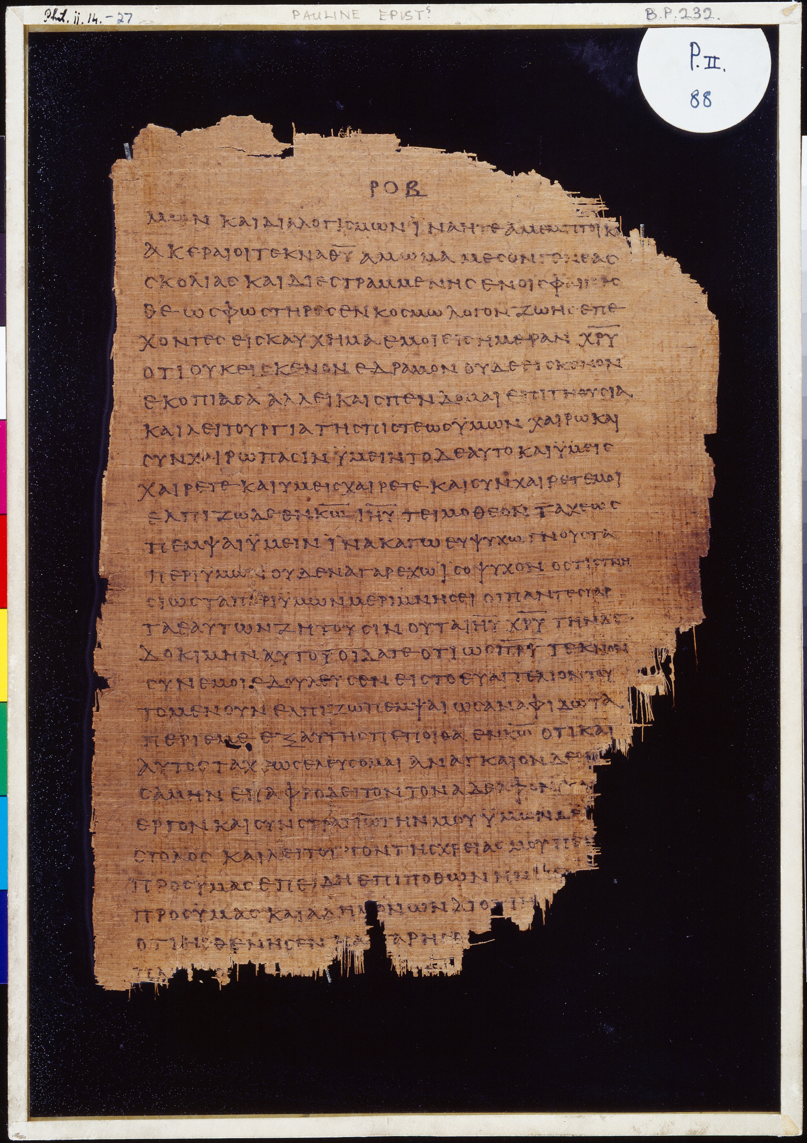 Chester Beatty Papyrus II showing Philippians 2:21 from Late 2nd to Early 3rd Century found in Fayyum, Egypt (disputed), currently housed at Chester Beatty Library, Dublin and University of Michigan, Ann Arbor