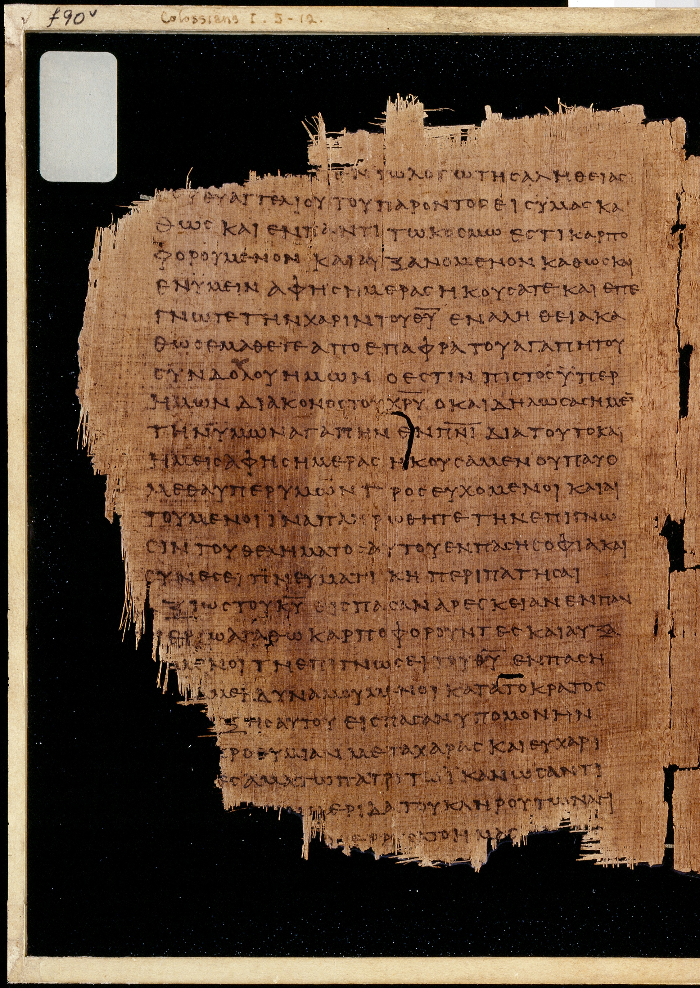 Chester Beatty Papyrus II showing Colossians 1:7 from Late 2nd to Early 3rd Century found in Fayyum, Egypt (disputed), currently housed at Chester Beatty Library, Dublin and University of Michigan, Ann Arbor