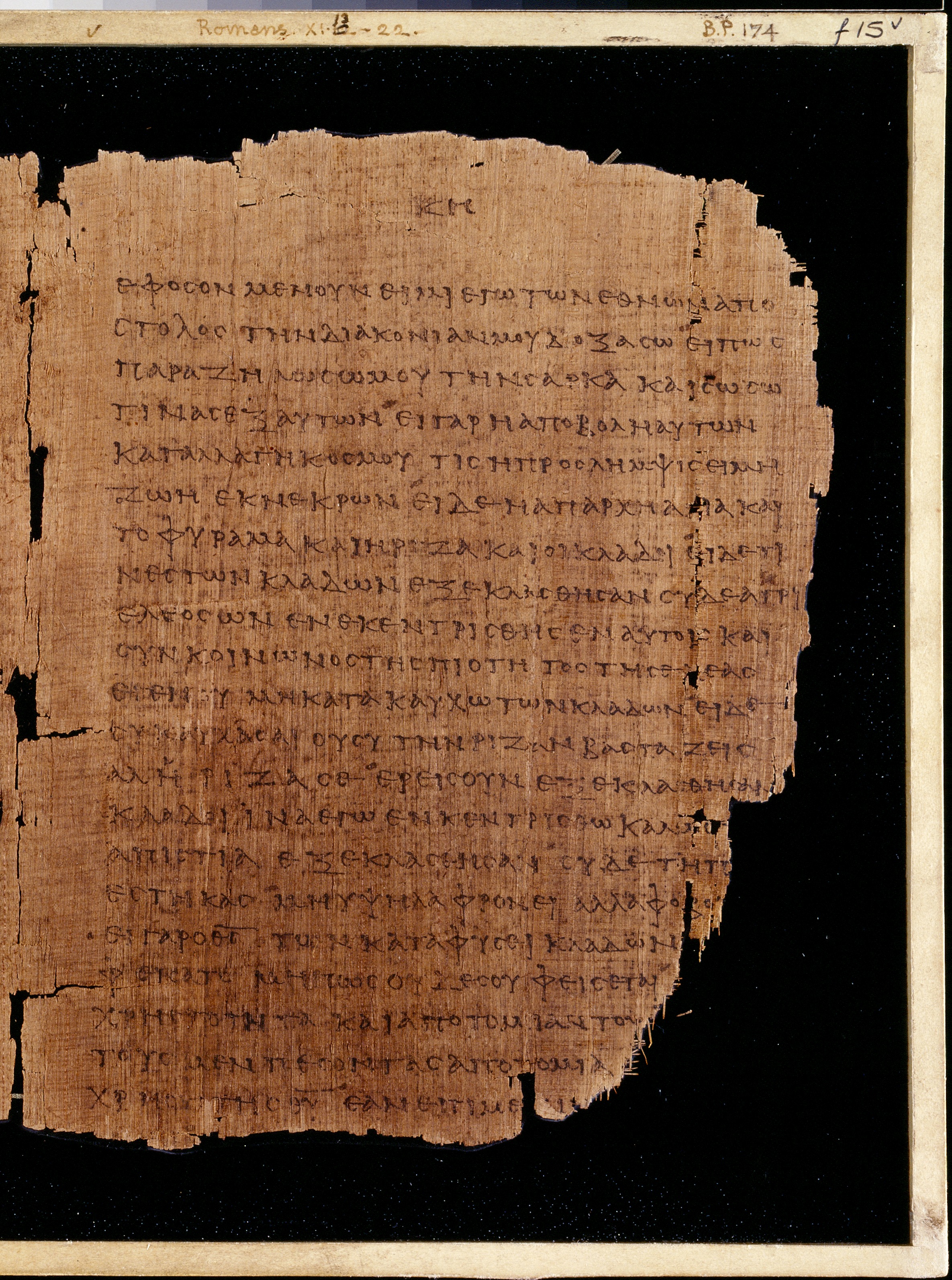 Chester Beatty Papyrus II showing Romans 11:13 from Late 2nd to Early 3rd Century found in Fayyum, Egypt (disputed), currently housed at Chester Beatty Library, Dublin and University of Michigan, Ann Arbor