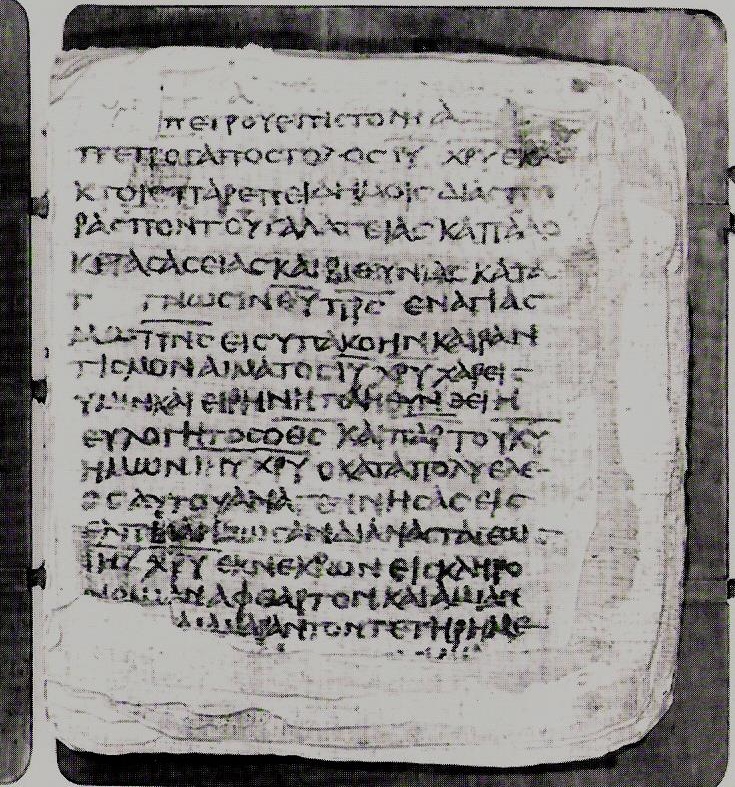 Papyrus Bodmer VII-IX showing 1 Peter 1:2 from 3rd or 4th Century found in Pabau near Dishna, Egypt, currently housed at Bodmer Library, Cologny / Vatican Library, Vatican City