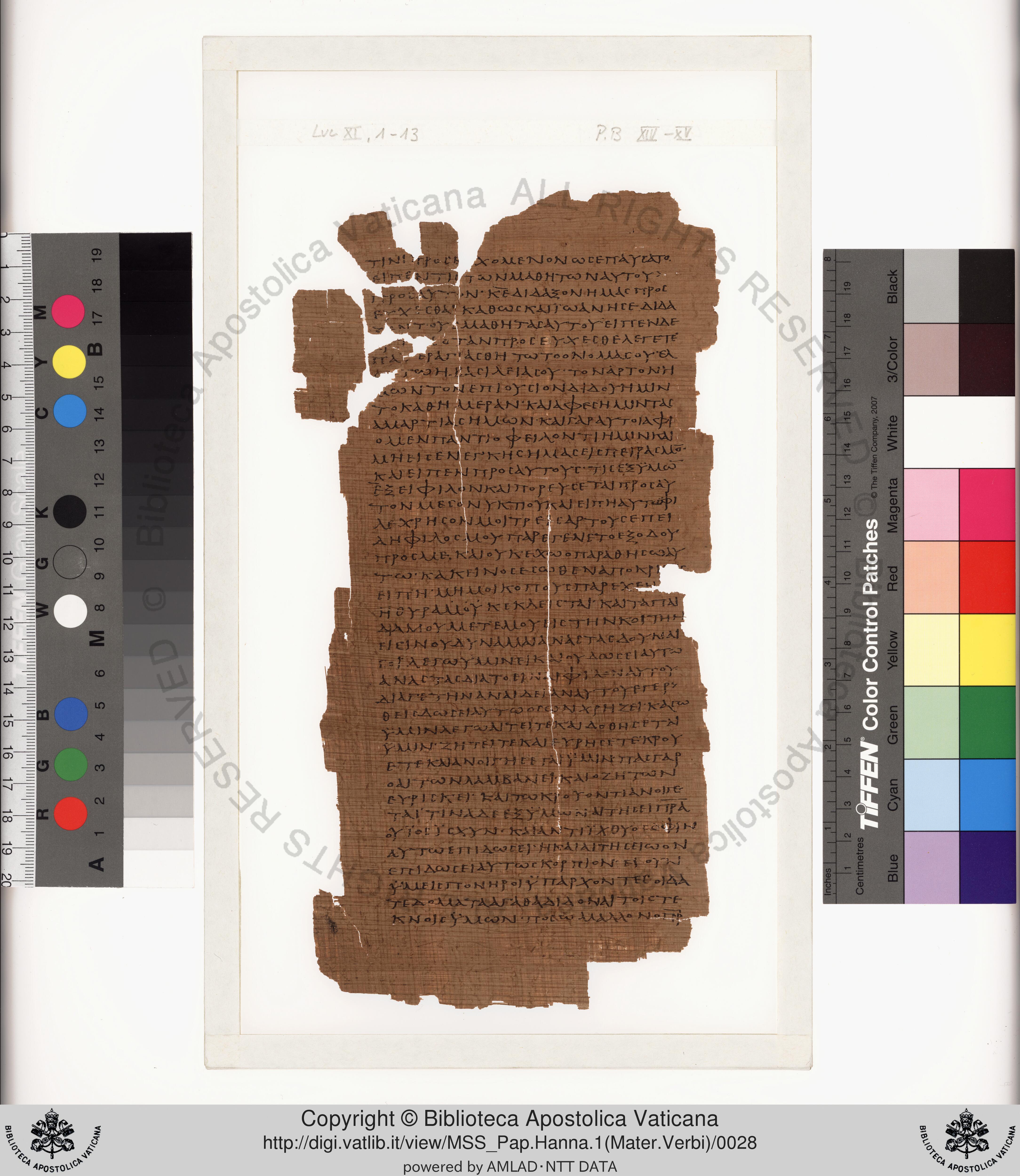 Papyrus 75 (Scan 2) showing Luke 12:13 from Late 2nd / Early 3rd Century found in Pabau, Egypt, currently housed at Vatican Library, Rome
