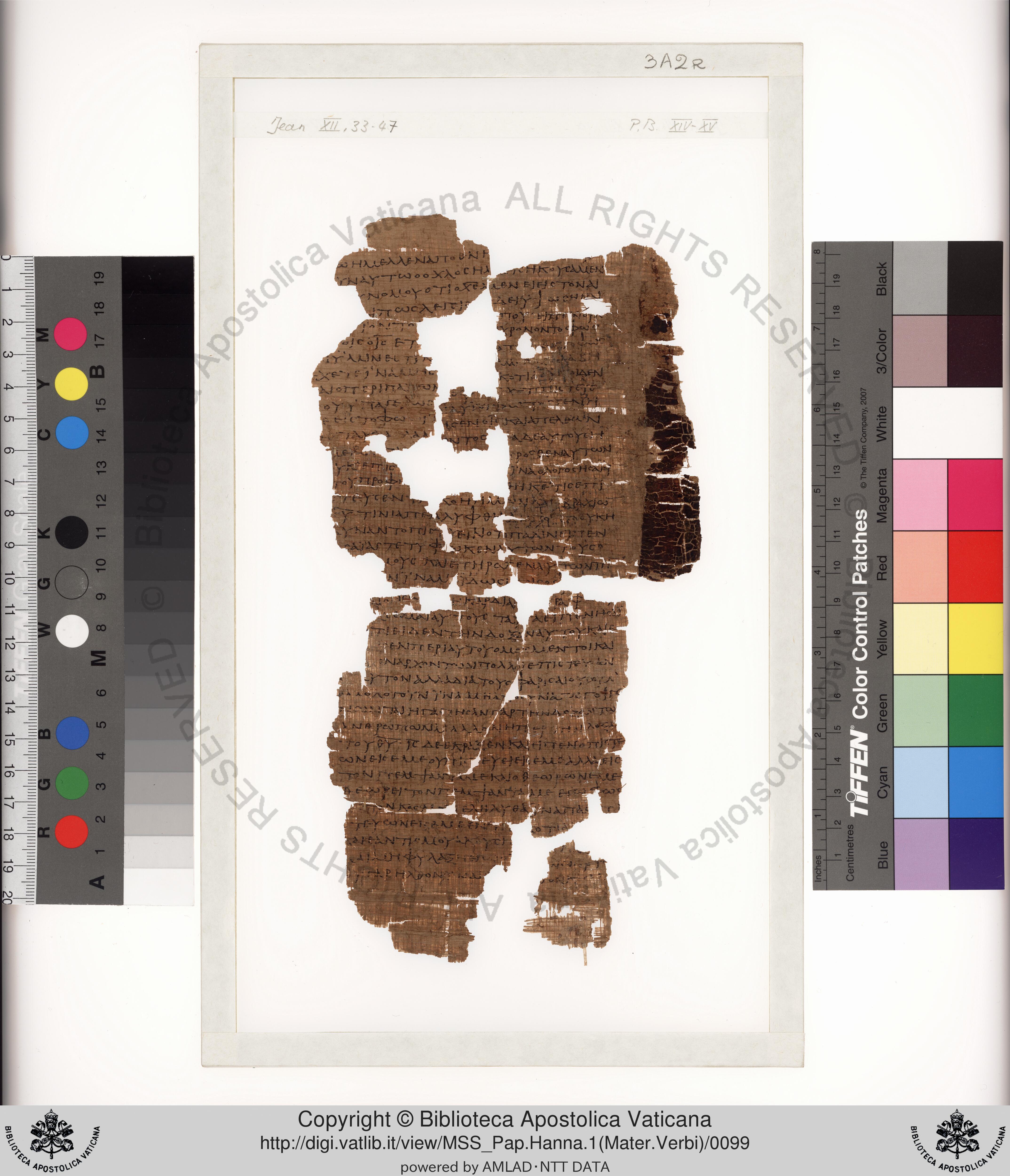 Papyrus 75 (Scan 2) showing John 12:33 from Late 2nd / Early 3rd Century found in Pabau, Egypt, currently housed at Vatican Library, Rome