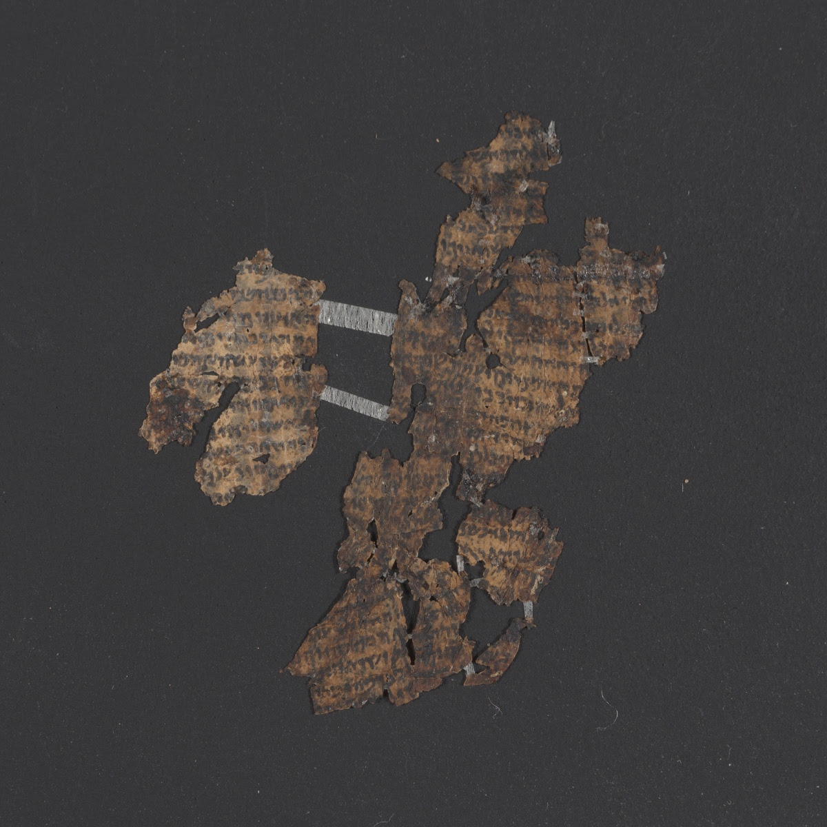 4Q Phylacteries A showing Deuteronomy 10:21 from Late Hasmonean (c. 100–75 BC) found in Qumran, Cave 4, currently housed at Rockefeller Museum, Jerusalem
