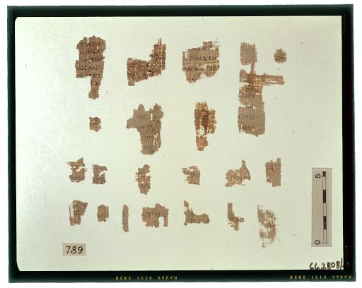 7QpapLXXExod (Scan 3) showing Exodus 28:5 from Late 2nd Century BC - Early 1st Century BC found in Qumran, Cave 7, currently housed at Rockefeller Museum, Jerusalem