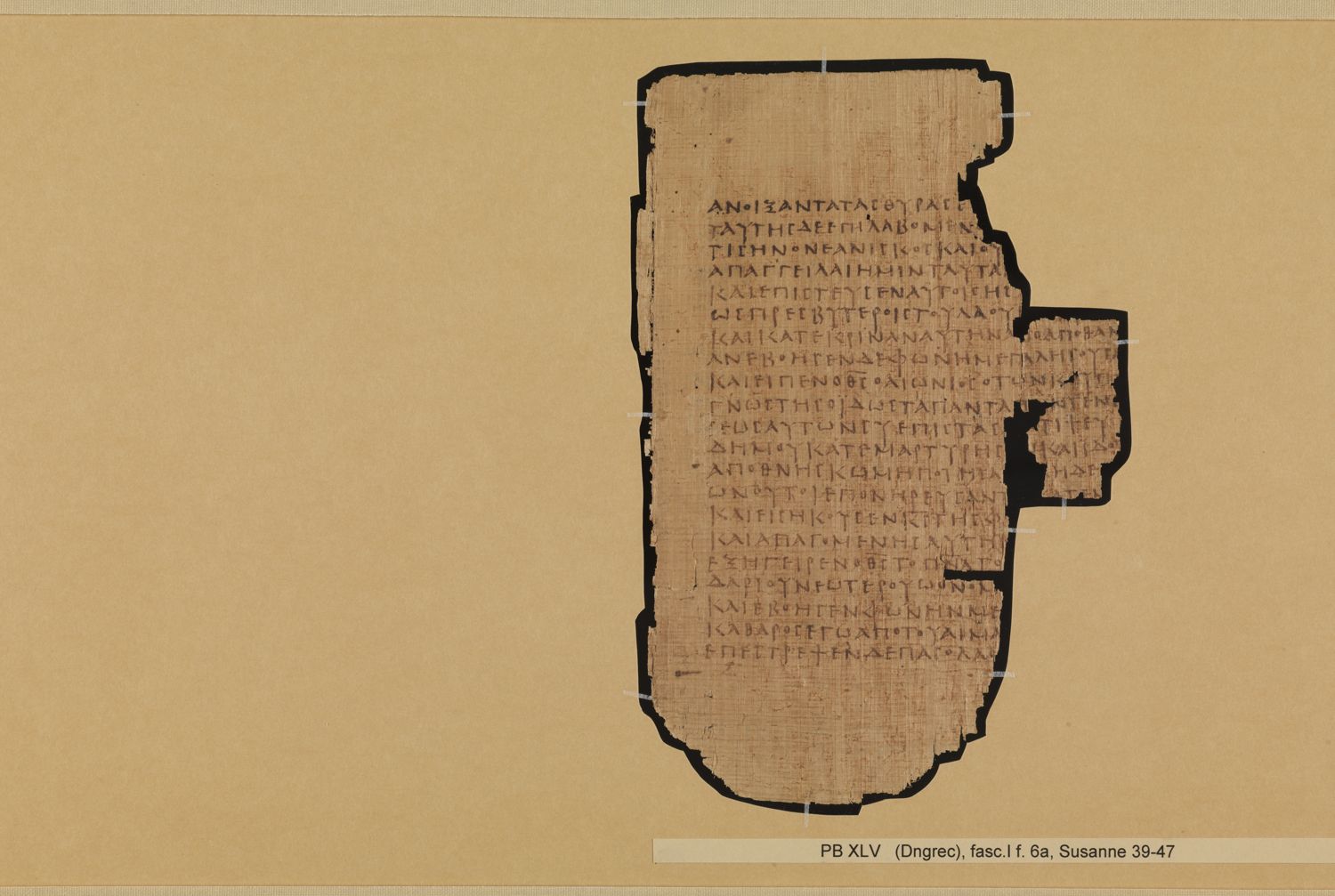 Papyrus Bodmer XLV / XLVI showing Daniel 13:32 from 3rd - 4th Century AD, currently housed at Fondation Bodmer, Cologny