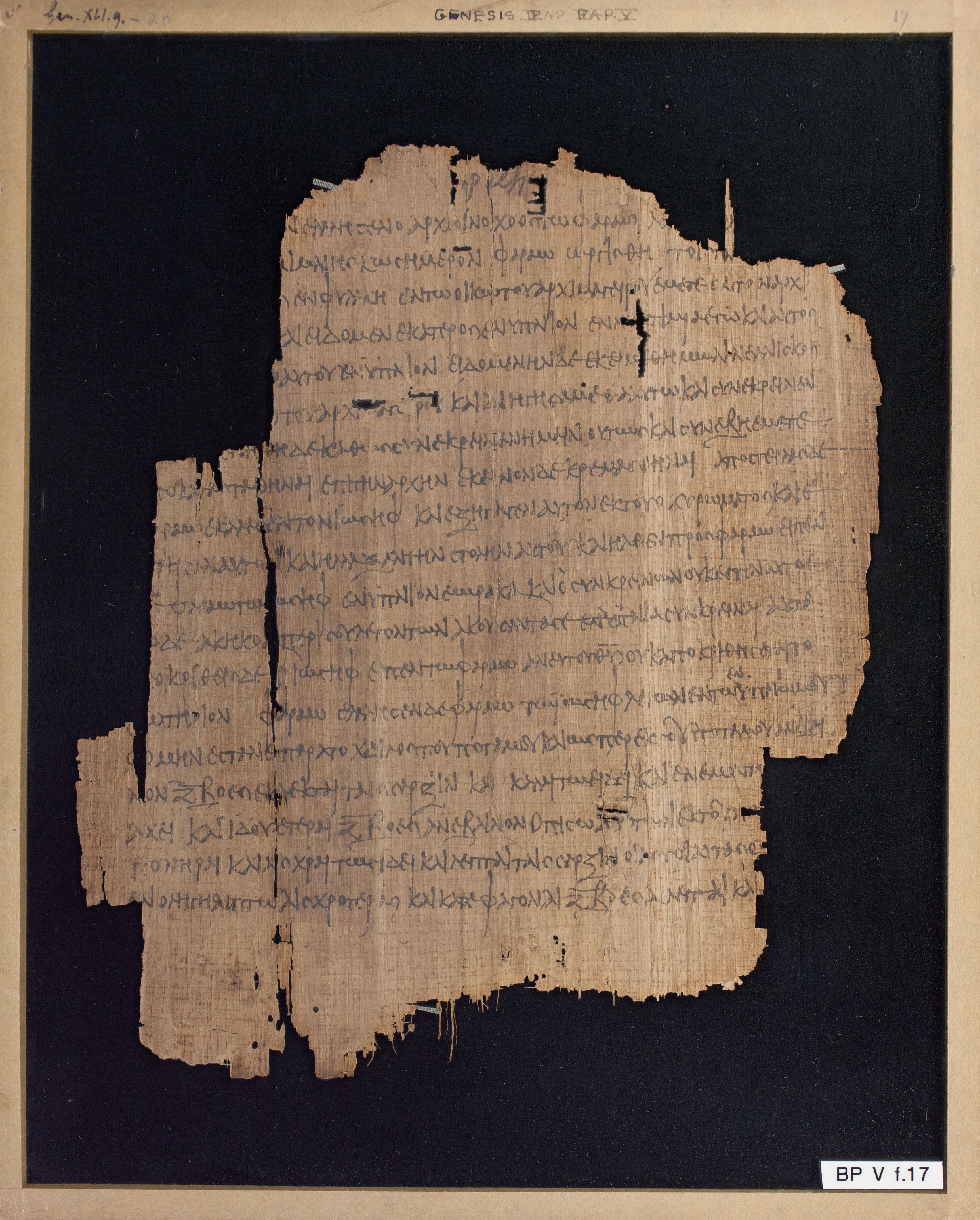 Papyrus Chester Beatty V showing Genesis 41:13 from 3rd Century AD found in Egypt, currently housed at Chester Beatty Library, Dublin