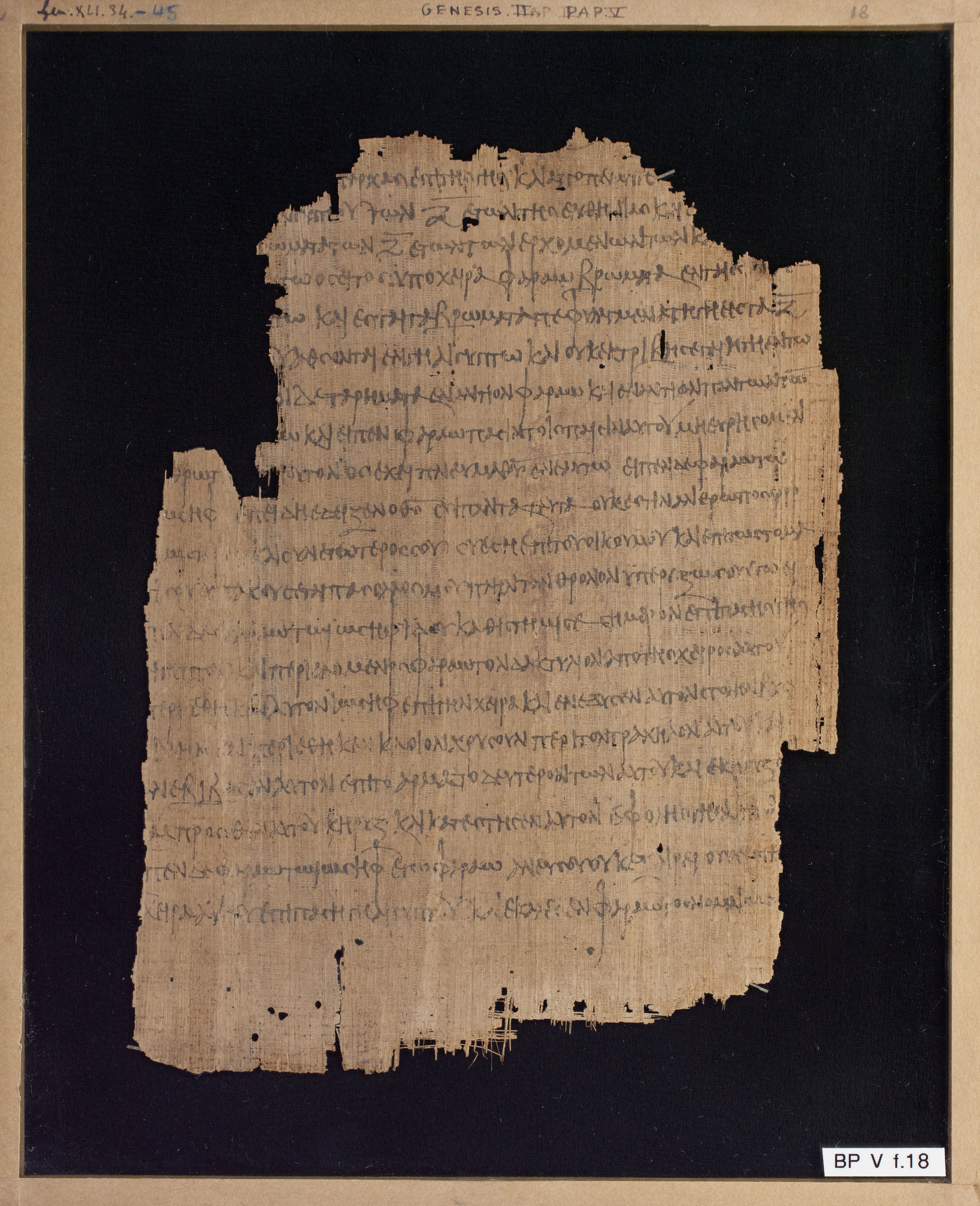 Papyrus Chester Beatty V showing Genesis 41:39 from 3rd Century AD found in Egypt, currently housed at Chester Beatty Library, Dublin