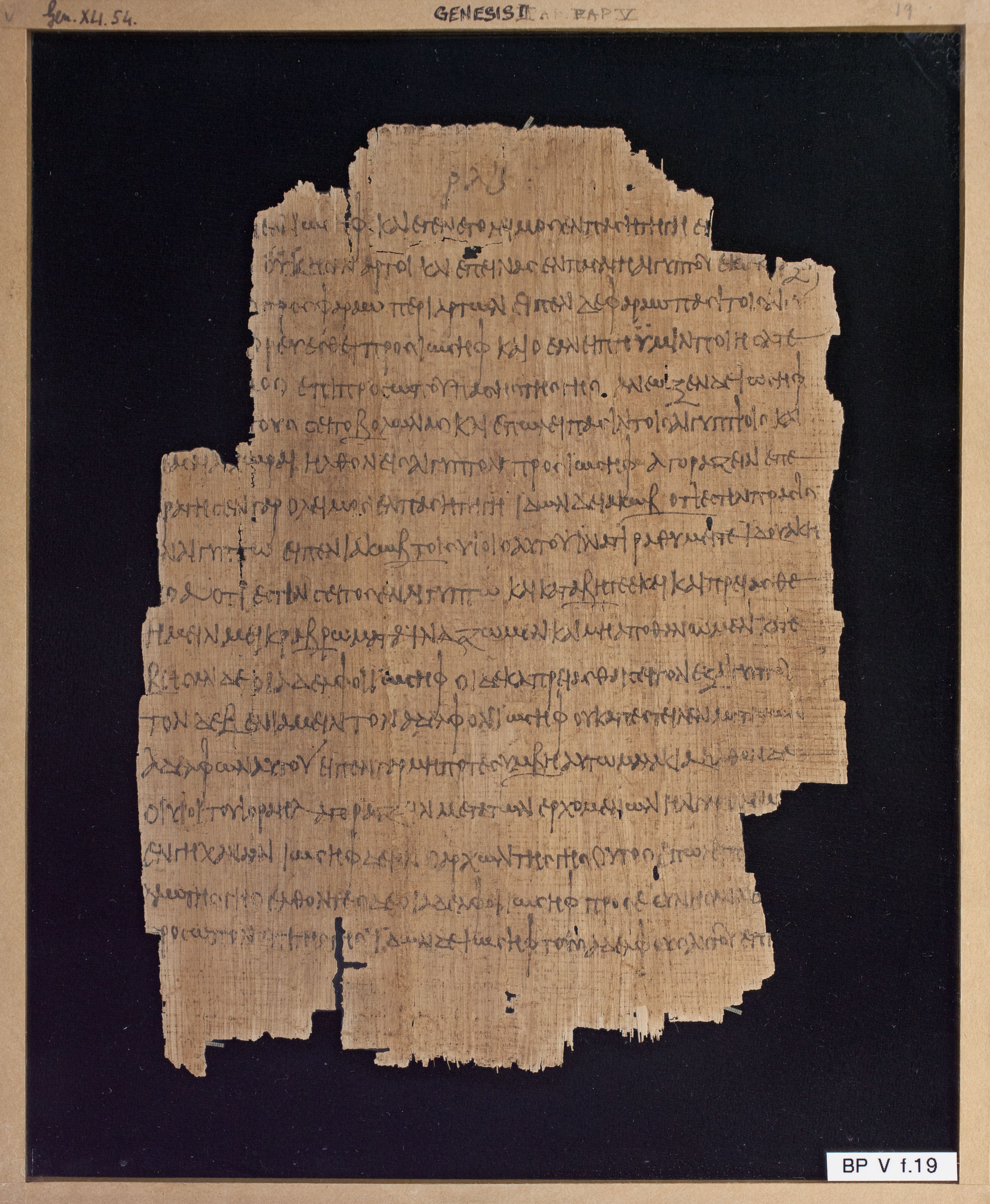 Papyrus Chester Beatty V showing Genesis 42:2 from 3rd Century AD found in Egypt, currently housed at Chester Beatty Library, Dublin