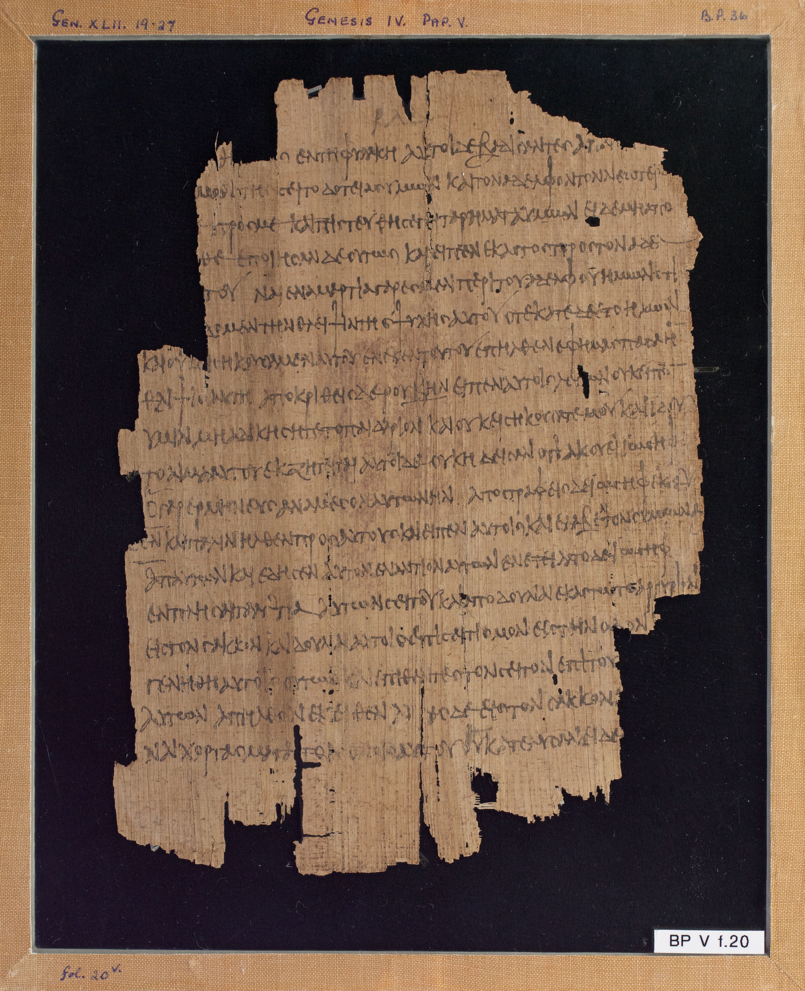 Papyrus Chester Beatty V showing Genesis 42:22 from 3rd Century AD found in Egypt, currently housed at Chester Beatty Library, Dublin