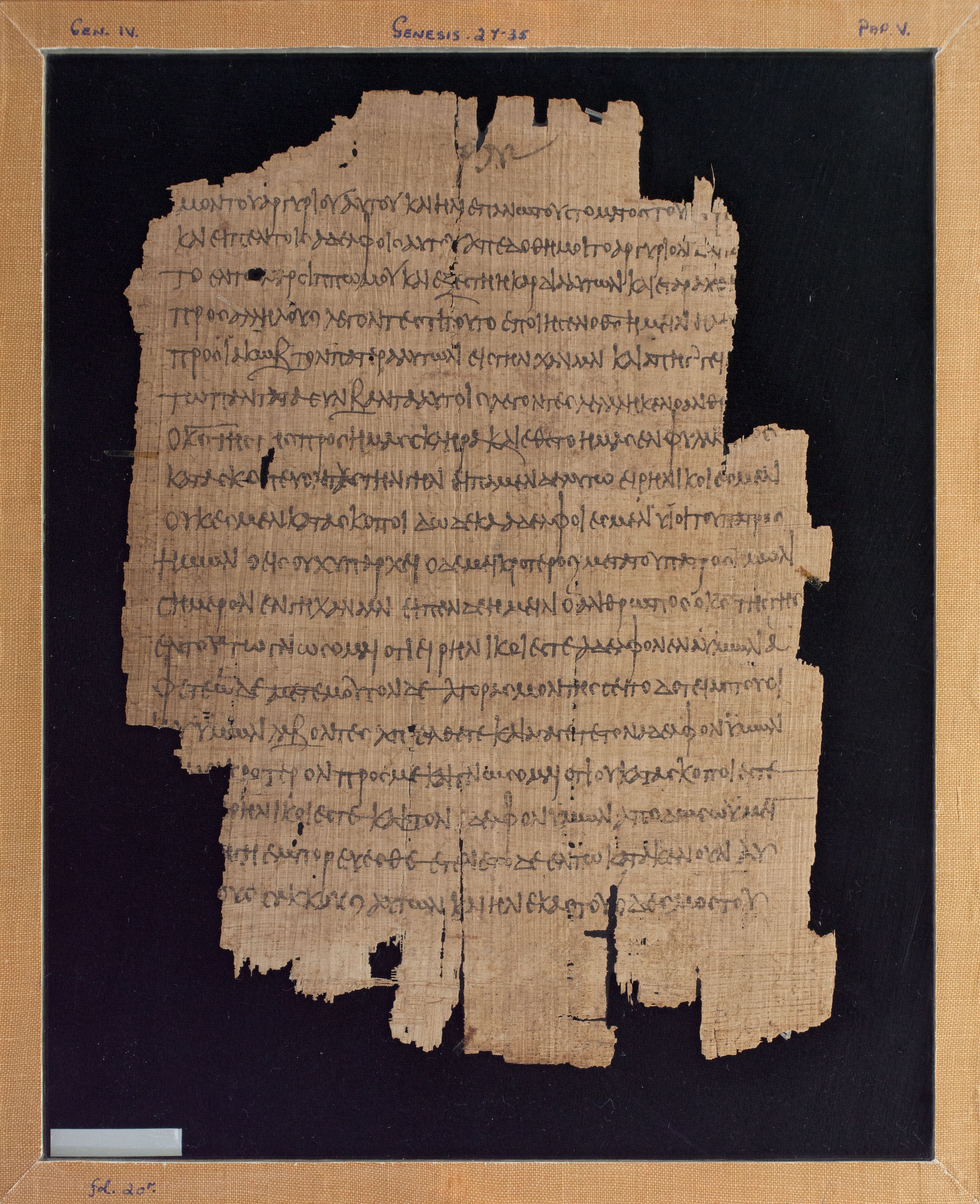 Papyrus Chester Beatty V showing Genesis 42:32 from 3rd Century AD found in Egypt, currently housed at Chester Beatty Library, Dublin